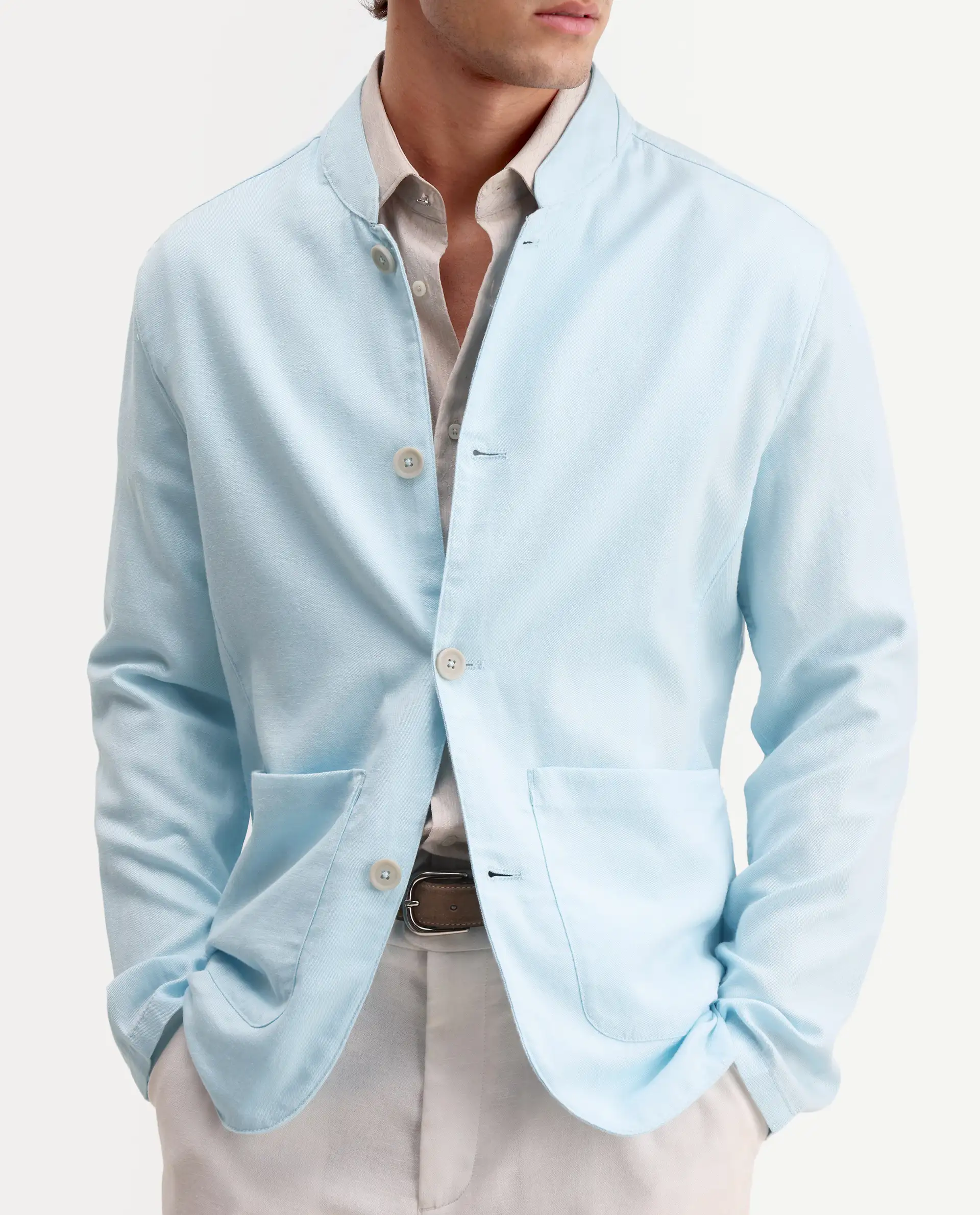 Rare Rabbit Men's Bela Aqua Linen Blend Fabric Mandarin Collar Neck Tailored Fit Coat - Image 3