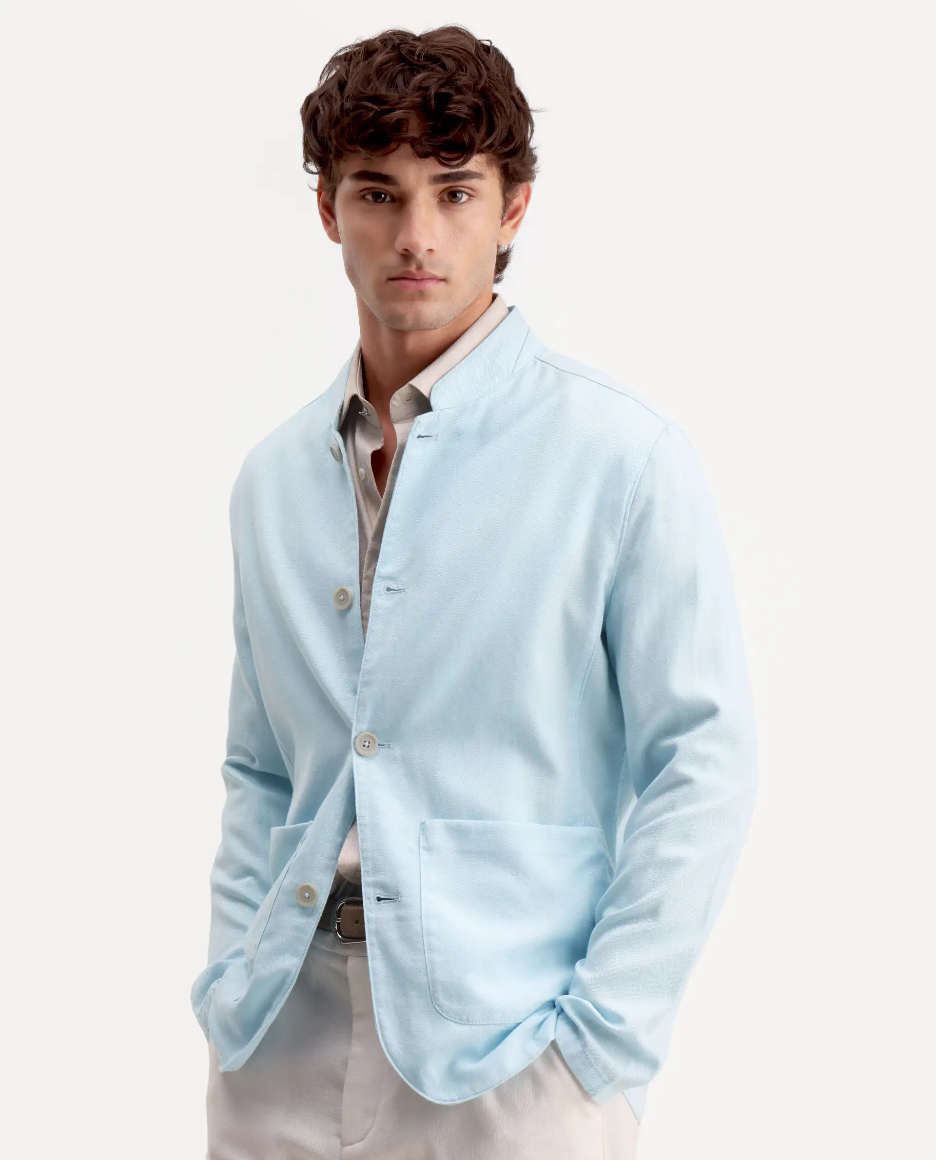 Rare Rabbit Men's Bela Aqua Linen Blend Fabric Mandarin Collar Neck Tailored Fit Coat - Image 4