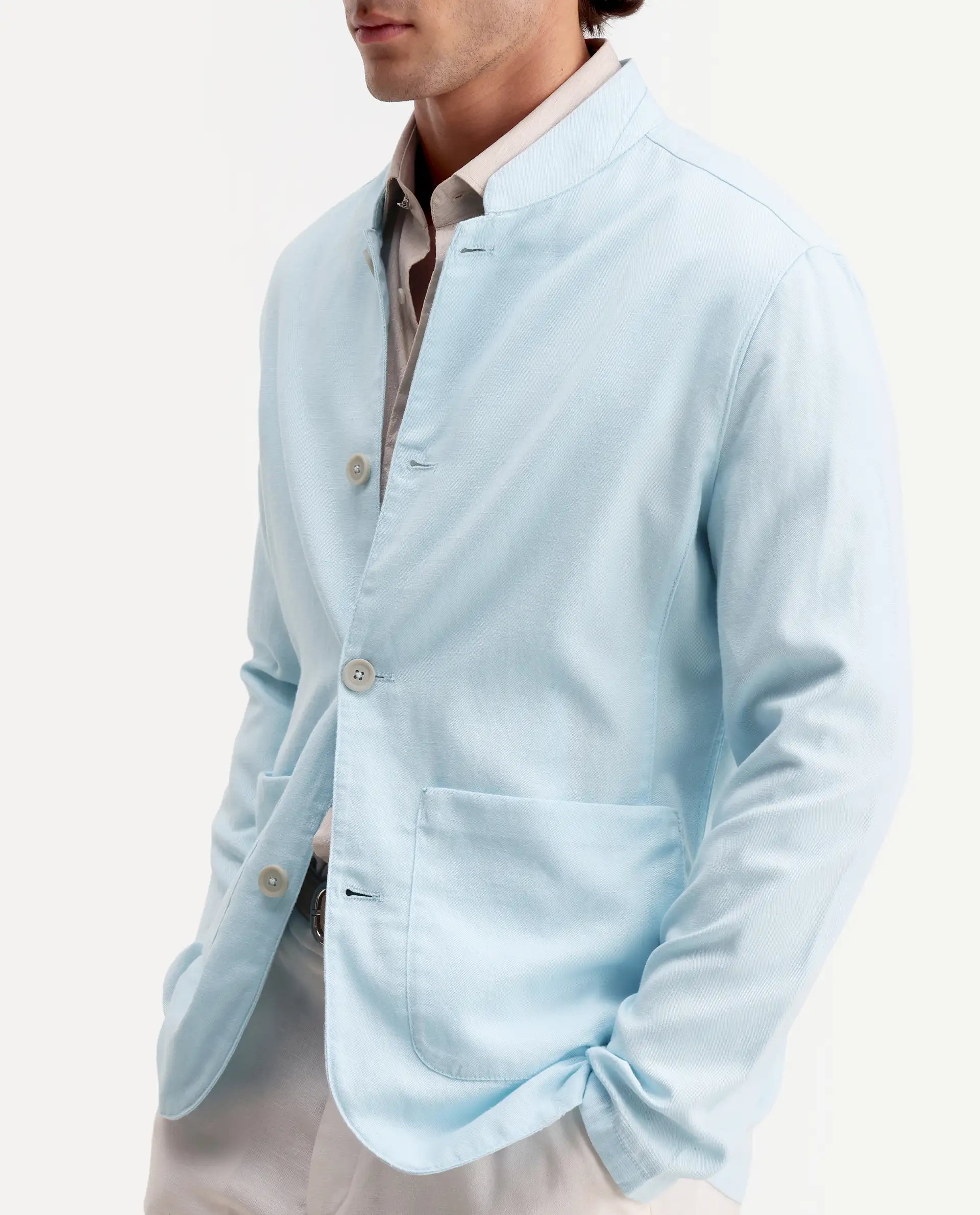 Rare Rabbit Men's Bela Aqua Linen Blend Fabric Mandarin Collar Neck Tailored Fit Coat - Image 5