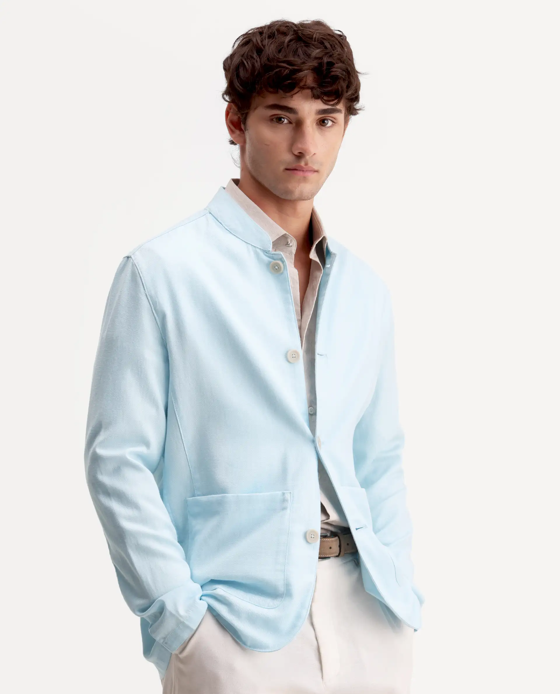 Rare Rabbit Men's Bela Aqua Linen Blend Fabric Mandarin Collar Neck Tailored Fit Coat - Image 6