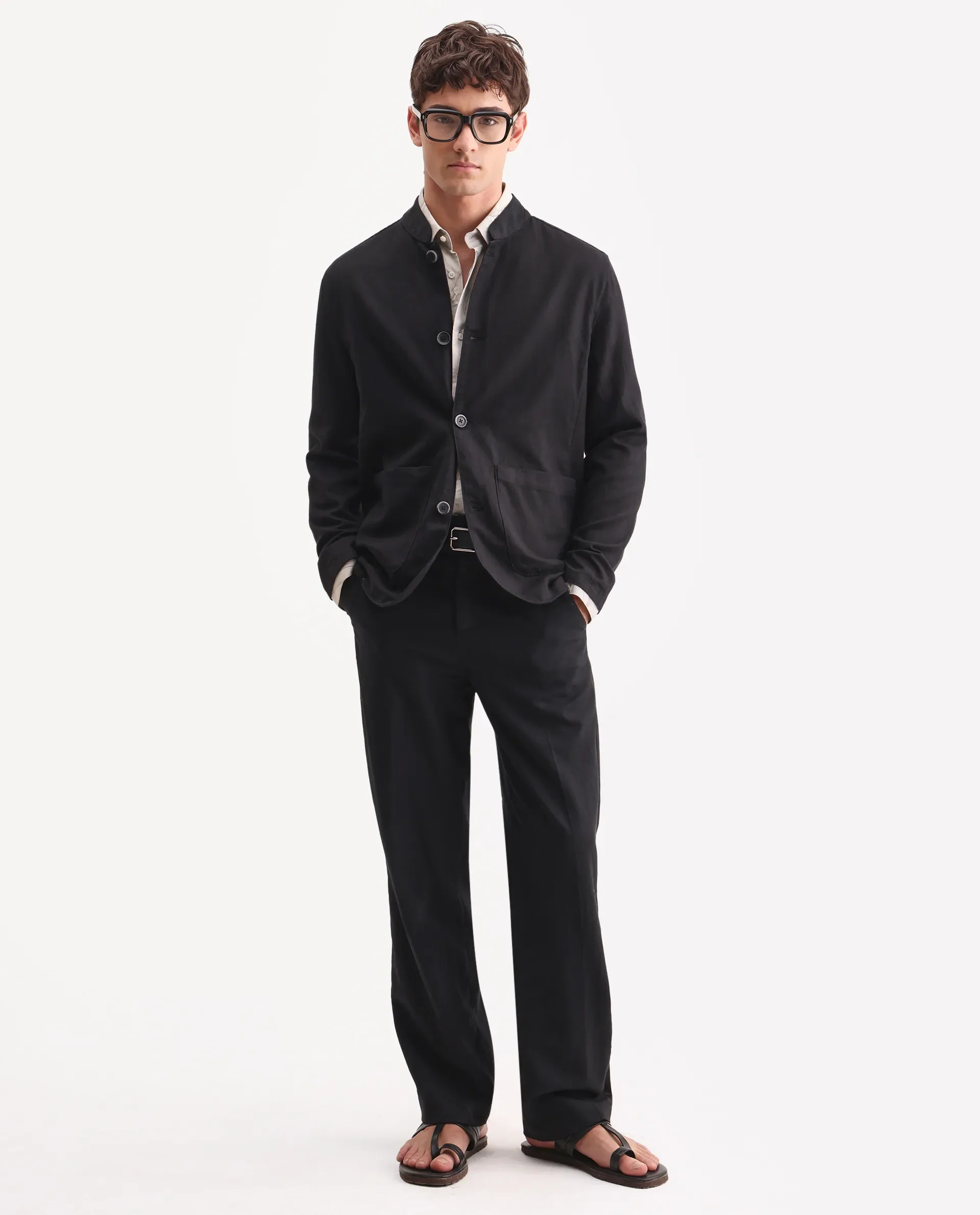 Rare Rabbit Men's Bela Black Linen Blend Fabric Mandarin Collar Neck Tailored Fit Coat - Image 2