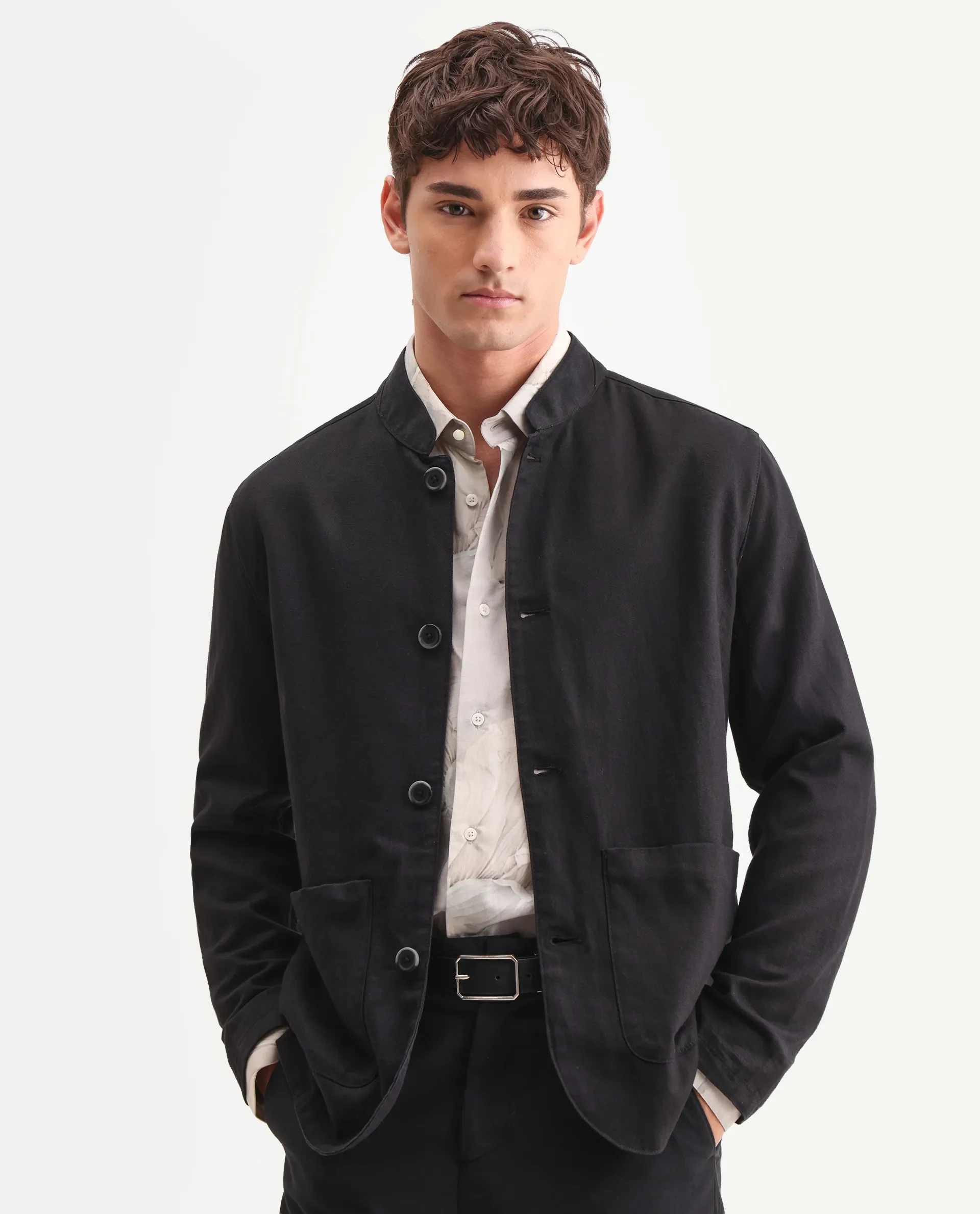 Rare Rabbit Men's Bela Black Linen Blend Fabric Mandarin Collar Neck Tailored Fit Coat - Image 4