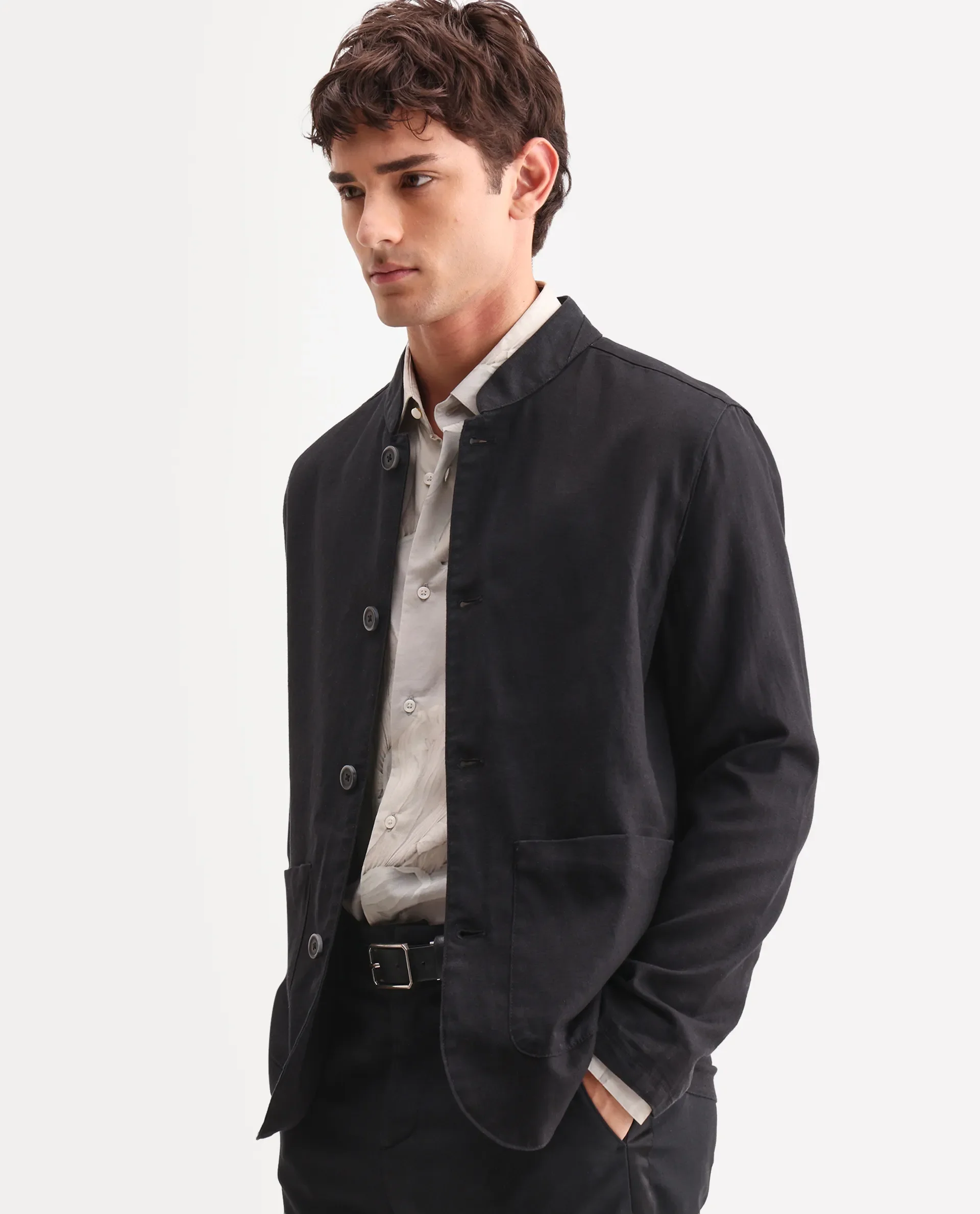 Rare Rabbit Men's Bela Black Linen Blend Fabric Mandarin Collar Neck Tailored Fit Coat - Image 5