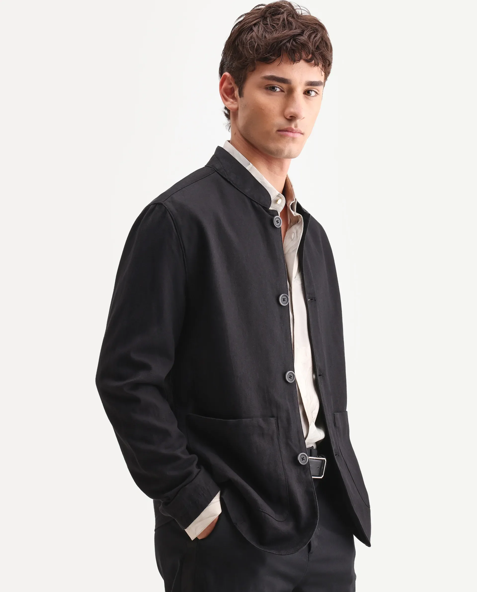 Rare Rabbit Men's Bela Black Linen Blend Fabric Mandarin Collar Neck Tailored Fit Coat - Image 6