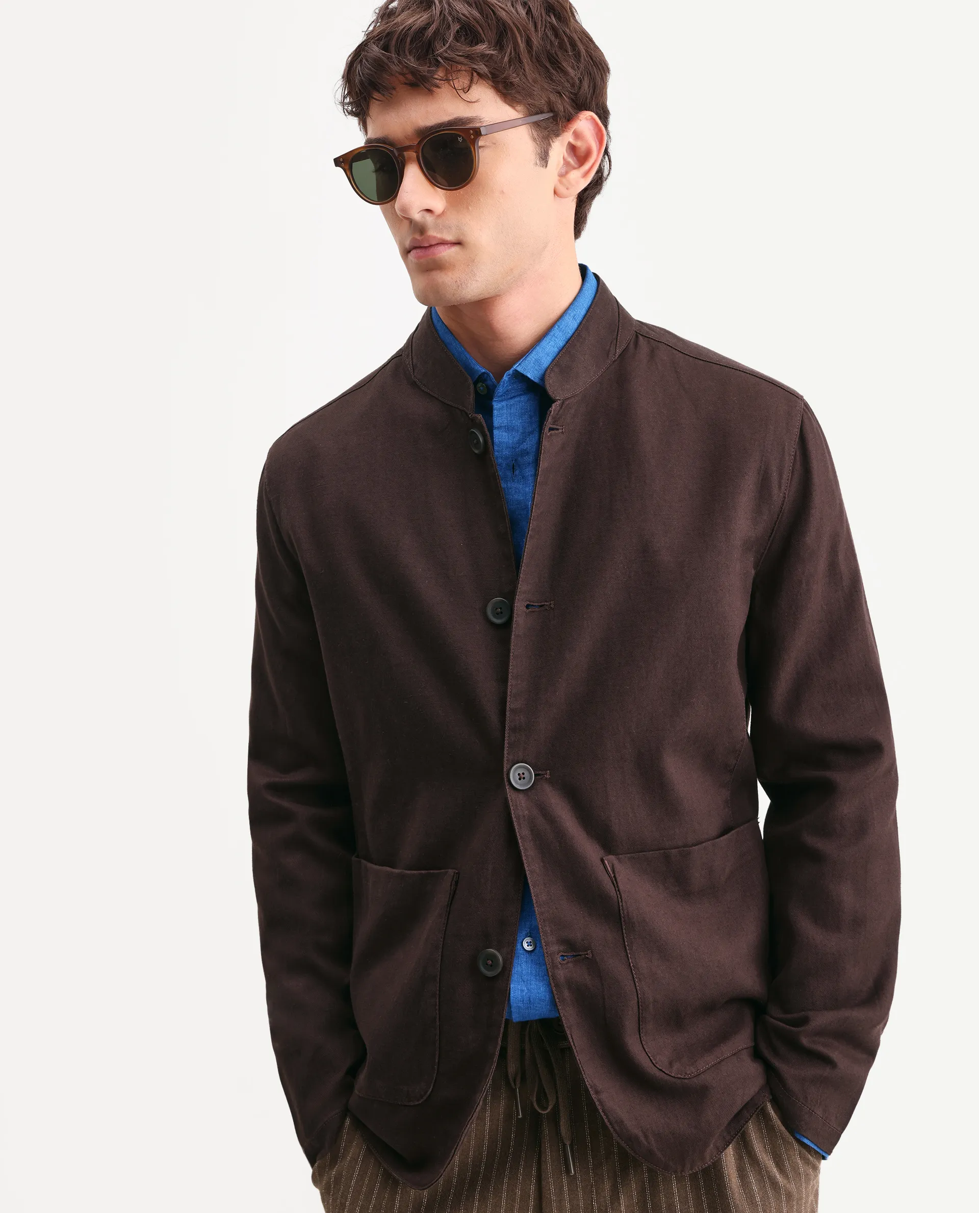 Rare Rabbit Men's Bela Dark Brown Linen Blend Fabric Mandarin Collar Neck Tailored Fit Coat