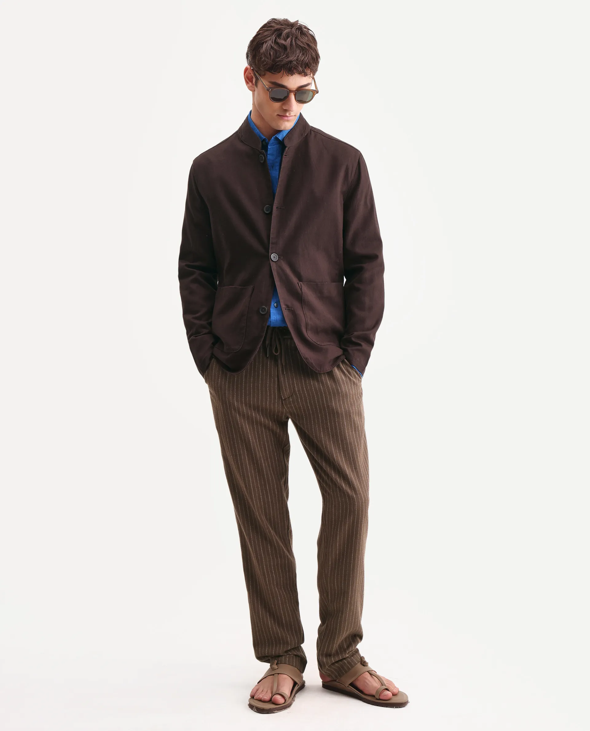 Rare Rabbit Men's Bela Dark Brown Linen Blend Fabric Mandarin Collar Neck Tailored Fit Coat - Image 2