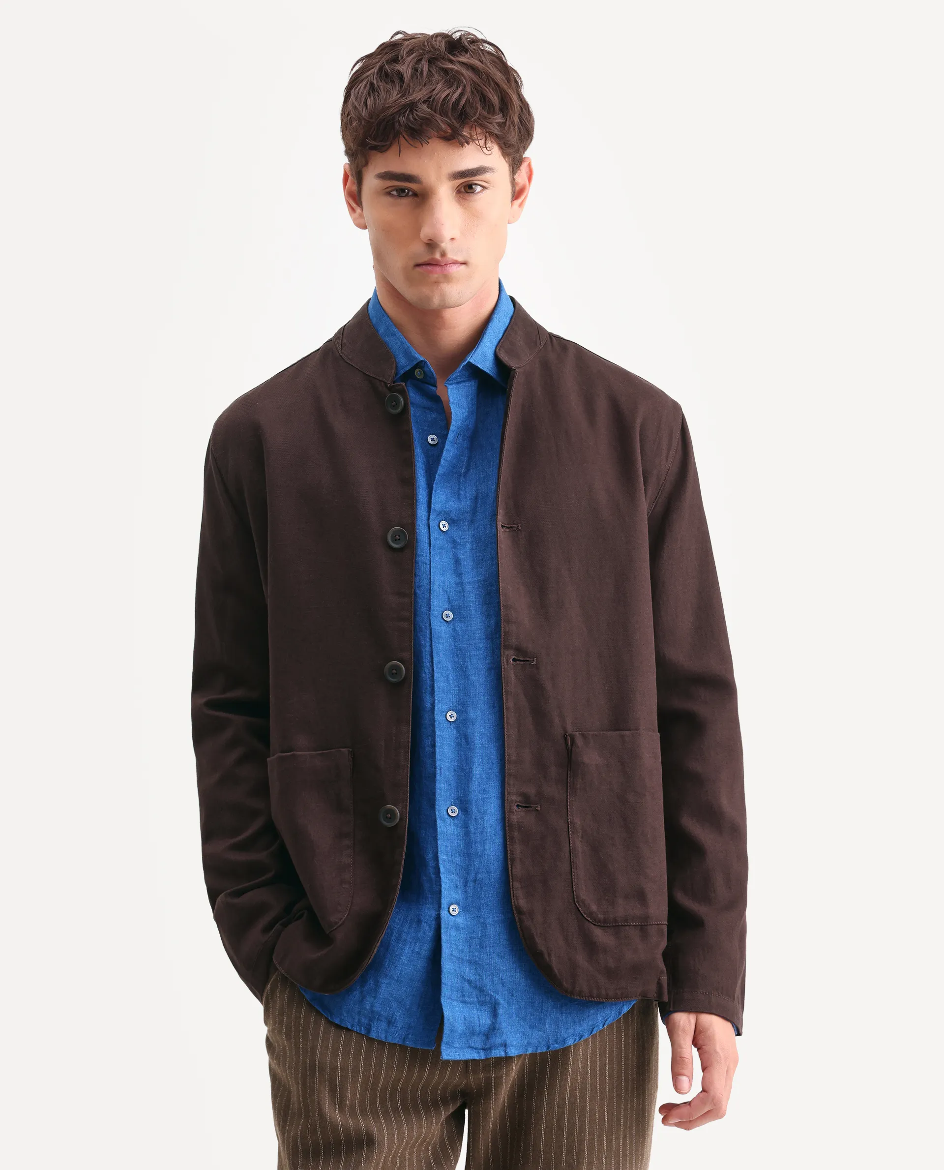 Rare Rabbit Men's Bela Dark Brown Linen Blend Fabric Mandarin Collar Neck Tailored Fit Coat - Image 4