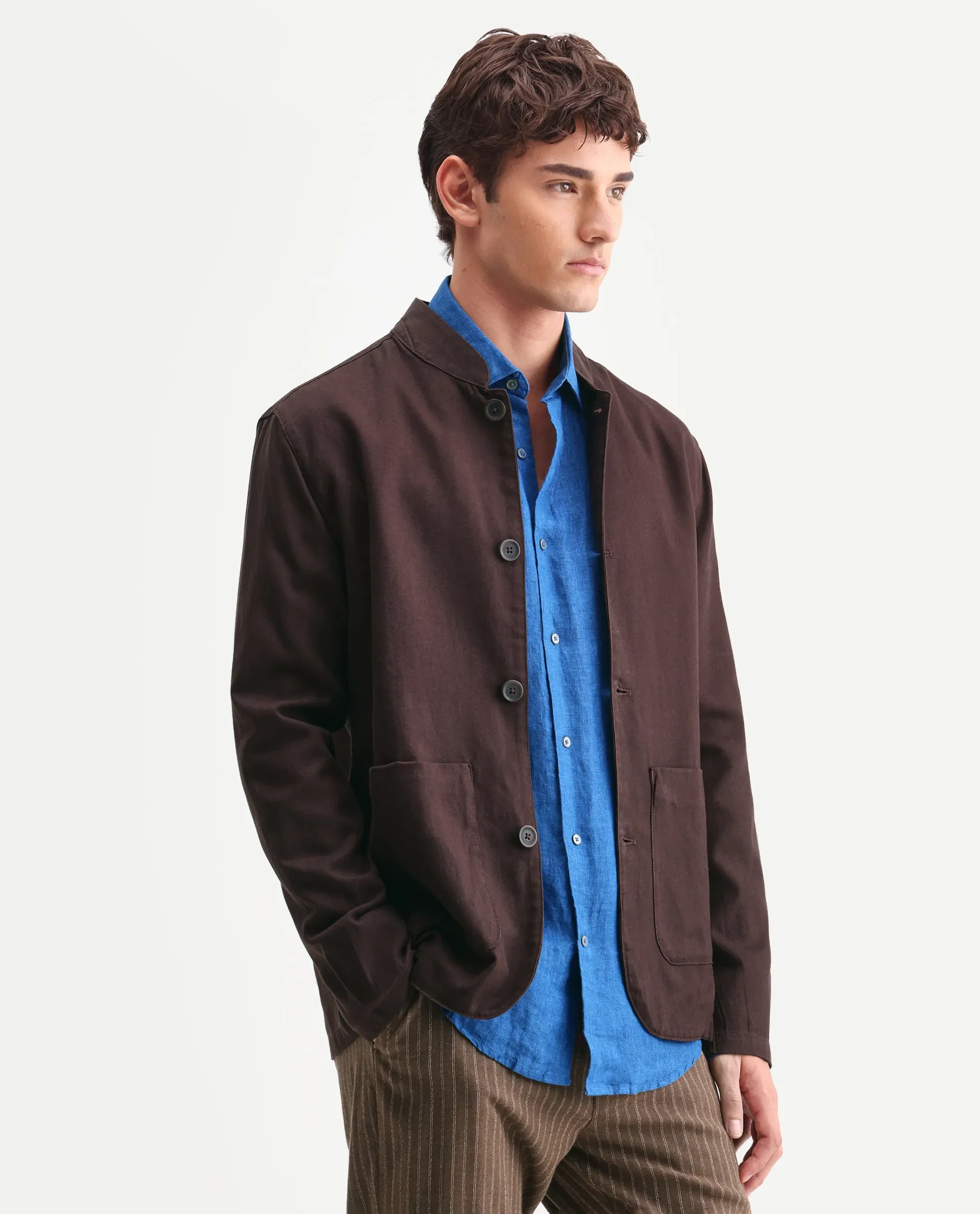 Rare Rabbit Men's Bela Dark Brown Linen Blend Fabric Mandarin Collar Neck Tailored Fit Coat - Image 5