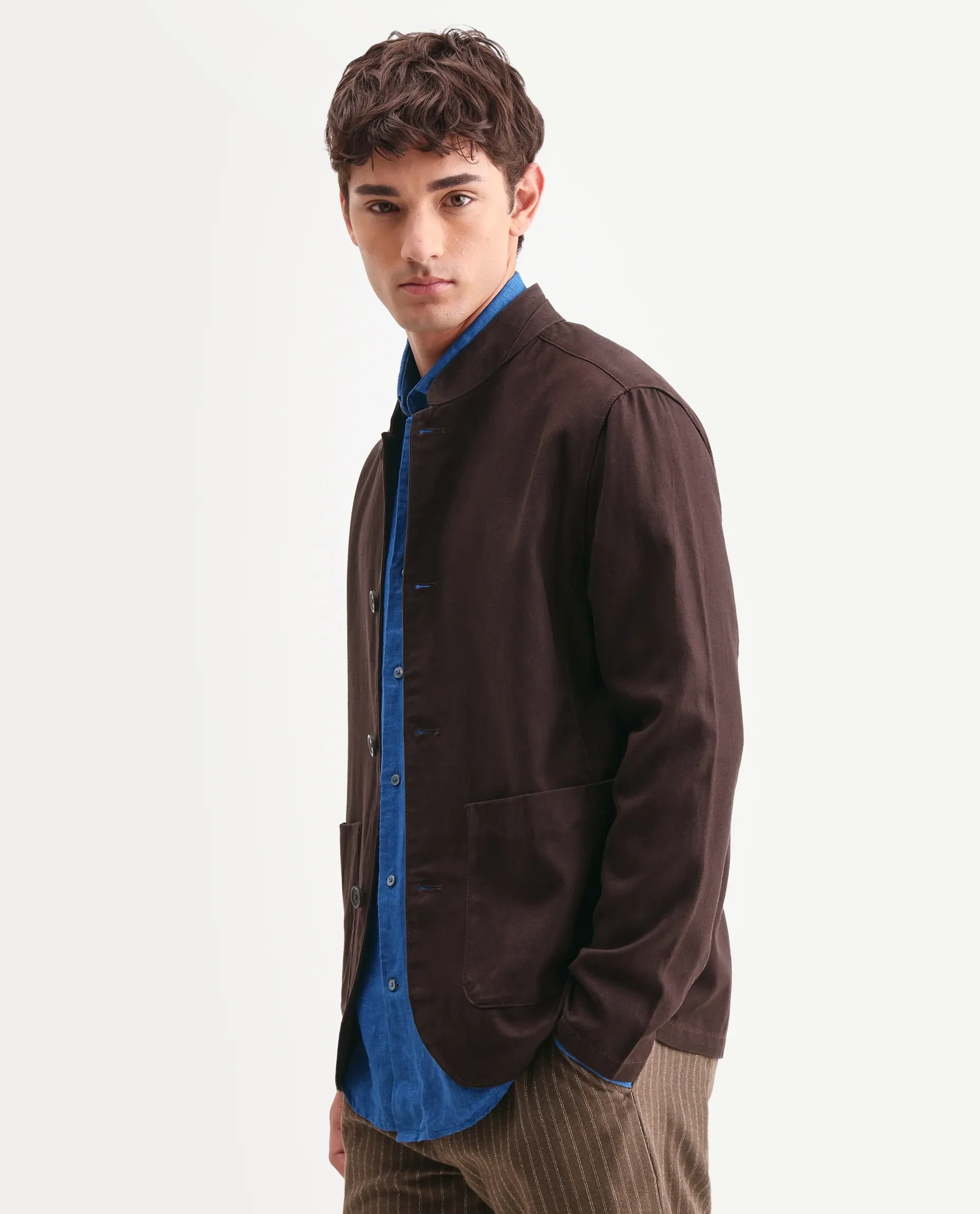 Rare Rabbit Men's Bela Dark Brown Linen Blend Fabric Mandarin Collar Neck Tailored Fit Coat - Image 6