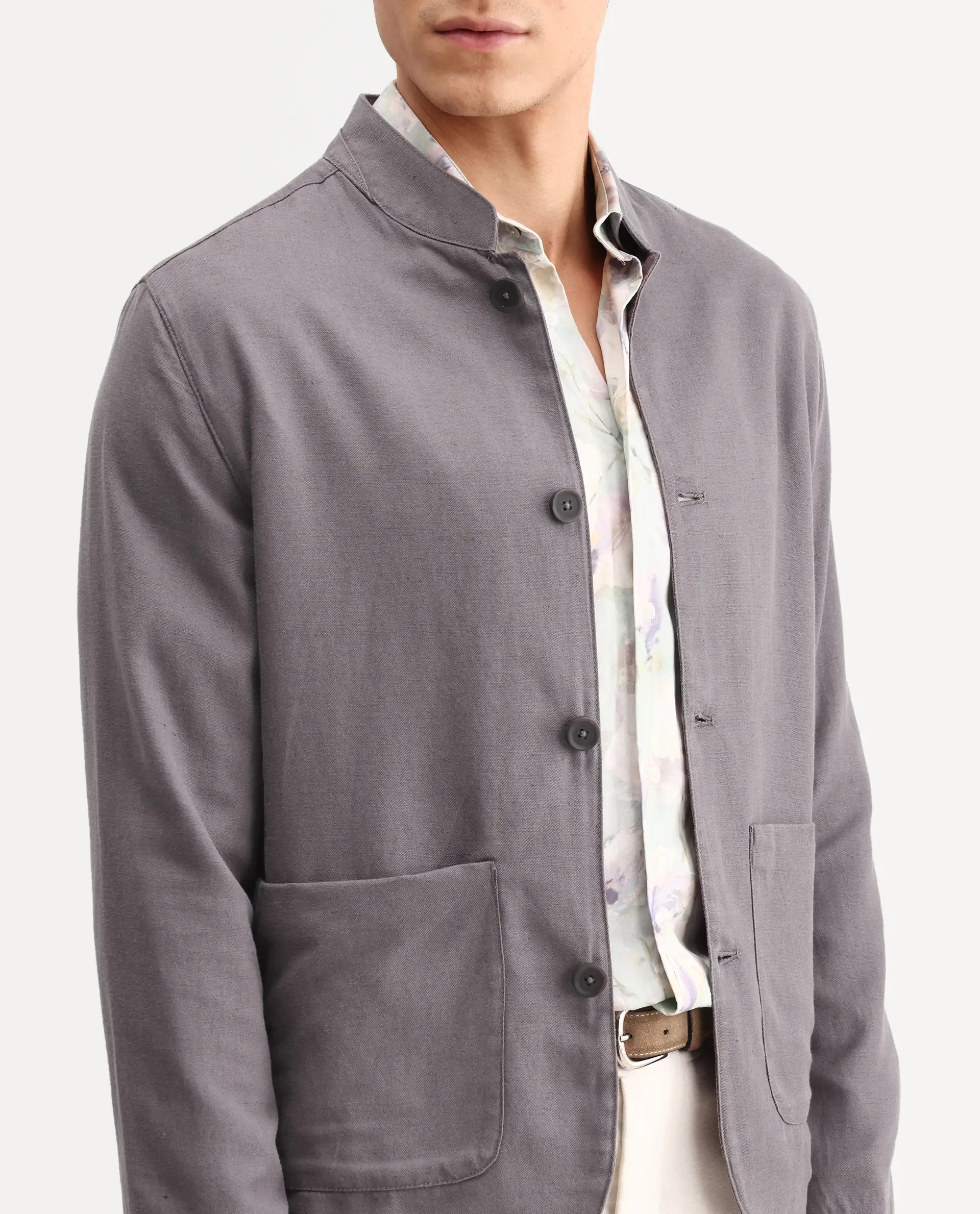 Rare Rabbit Men's Bela Dark Grey Linen Blend Fabric Mandarin Collar Neck Tailored Fit Coat - Image 3