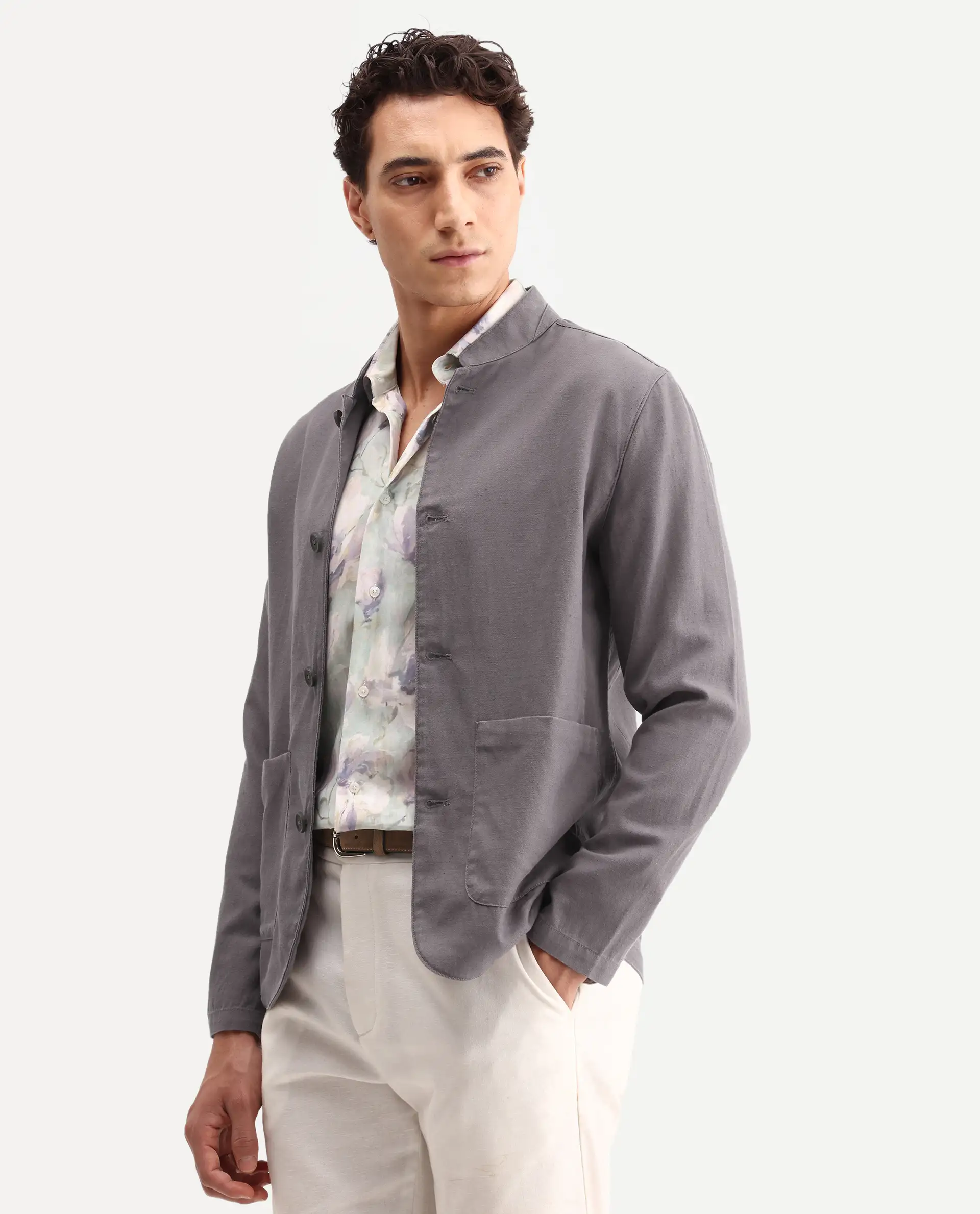 Rare Rabbit Men's Bela Dark Grey Linen Blend Fabric Mandarin Collar Neck Tailored Fit Coat - Image 4