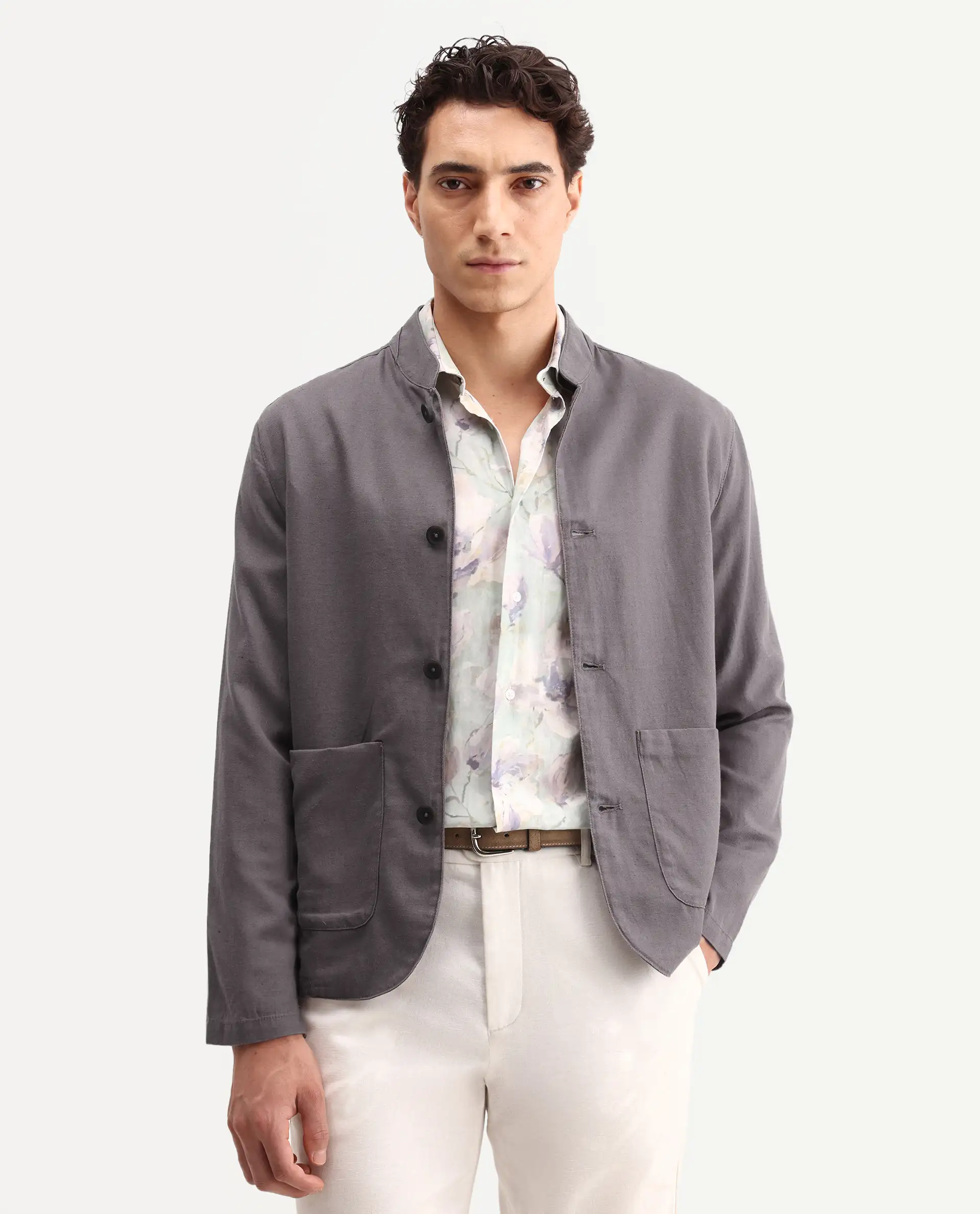 Rare Rabbit Men's Bela Dark Grey Linen Blend Fabric Mandarin Collar Neck Tailored Fit Coat - Image 5