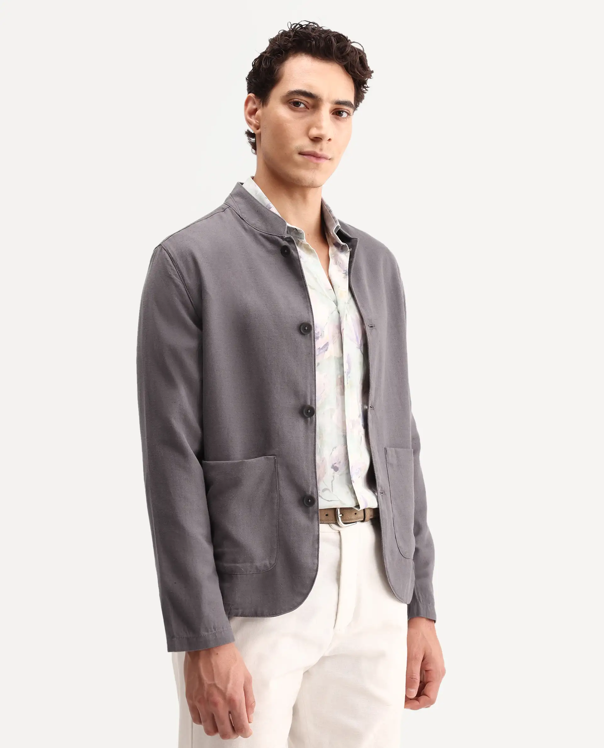 Rare Rabbit Men's Bela Dark Grey Linen Blend Fabric Mandarin Collar Neck Tailored Fit Coat - Image 6