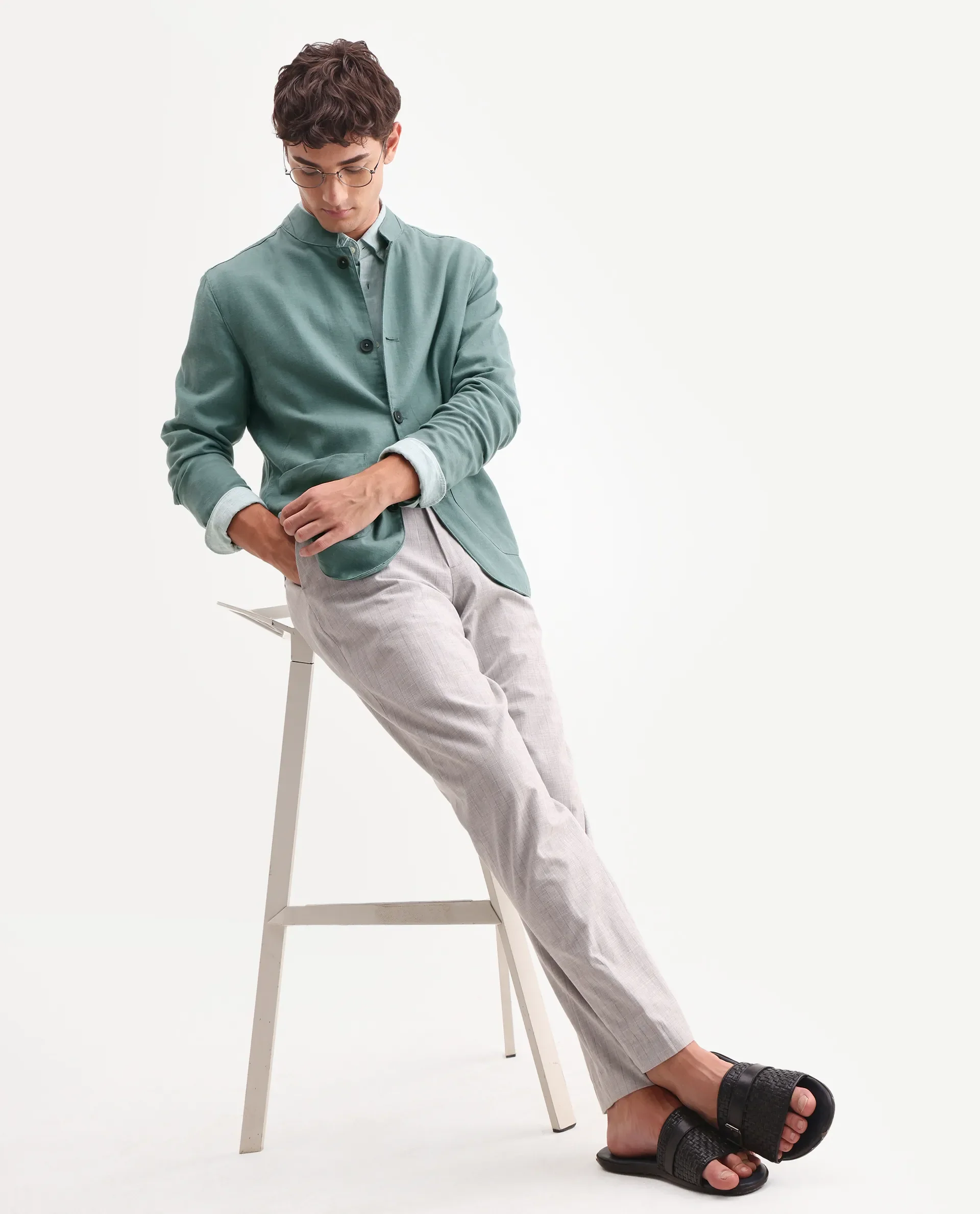 Rare Rabbit Men's Bela Dusky Green Linen Blend Fabric Mandarin Collar Neck Tailored Fit Coat - Image 2