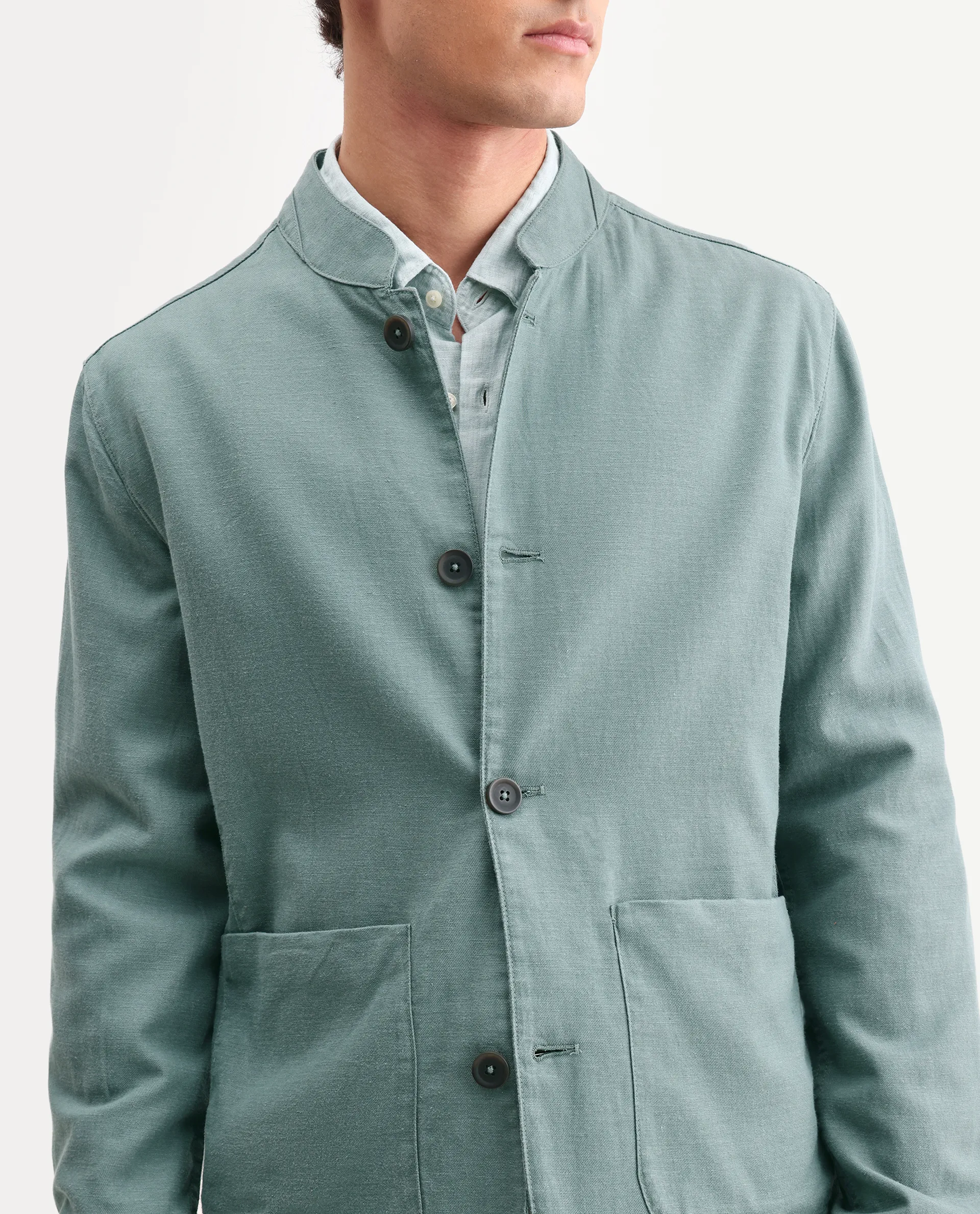 Rare Rabbit Men's Bela Dusky Green Linen Blend Fabric Mandarin Collar Neck Tailored Fit Coat - Image 3