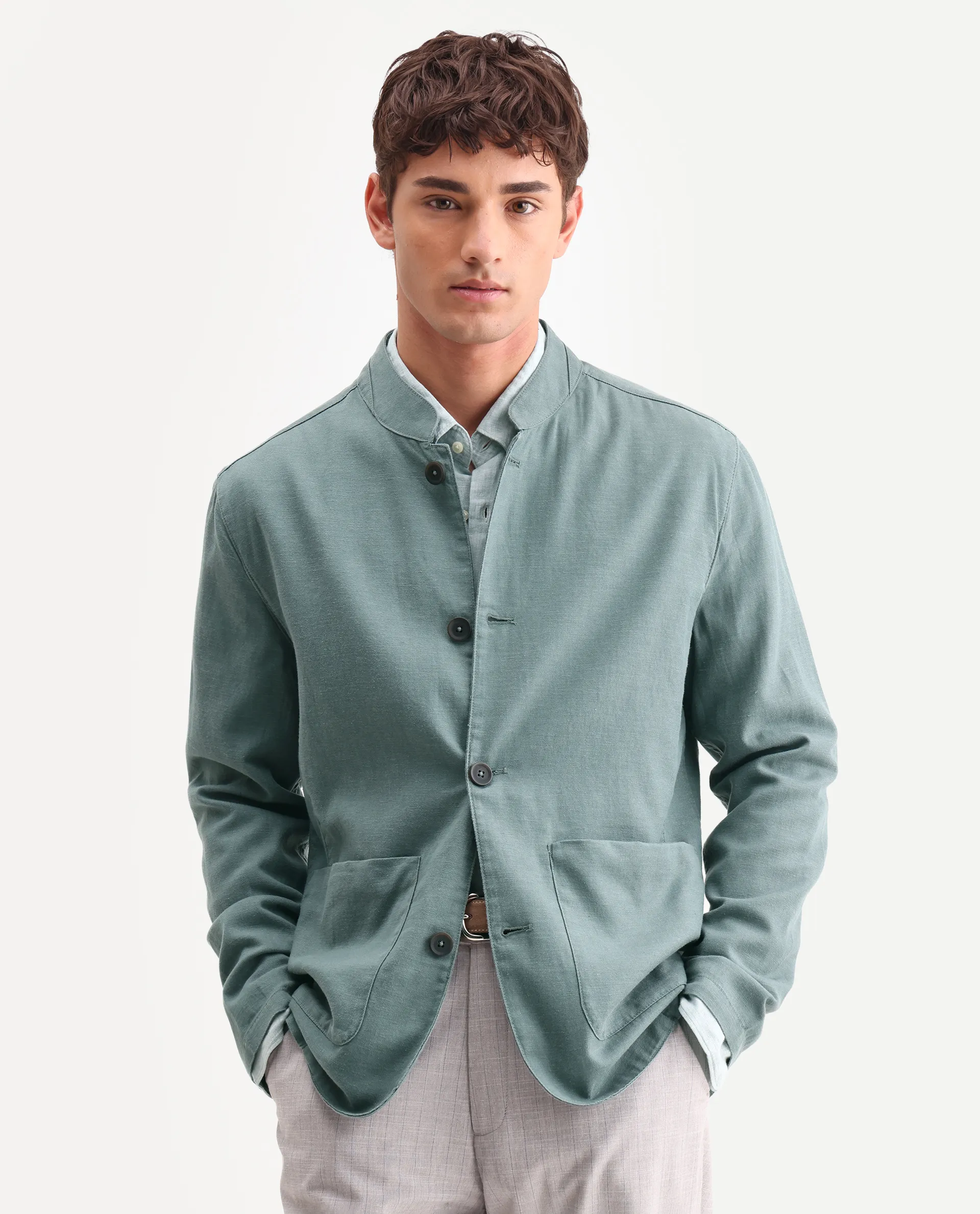Rare Rabbit Men's Bela Dusky Green Linen Blend Fabric Mandarin Collar Neck Tailored Fit Coat - Image 4