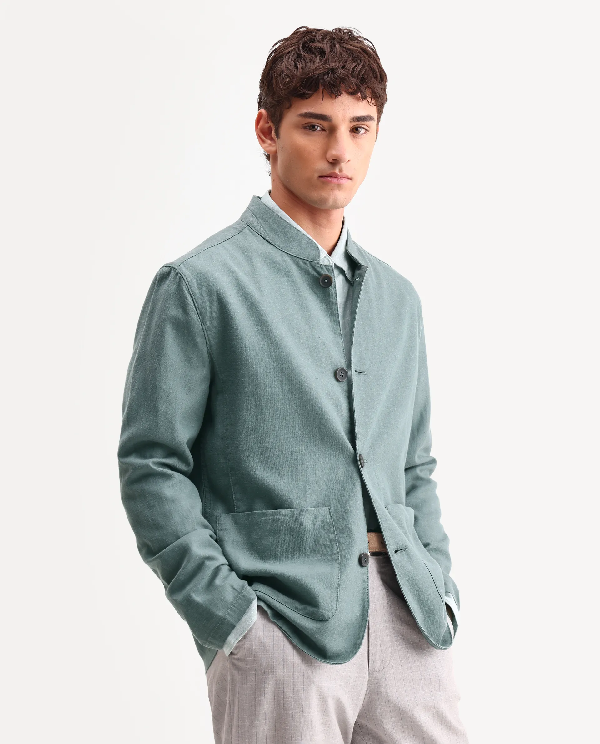 Rare Rabbit Men's Bela Dusky Green Linen Blend Fabric Mandarin Collar Neck Tailored Fit Coat - Image 5