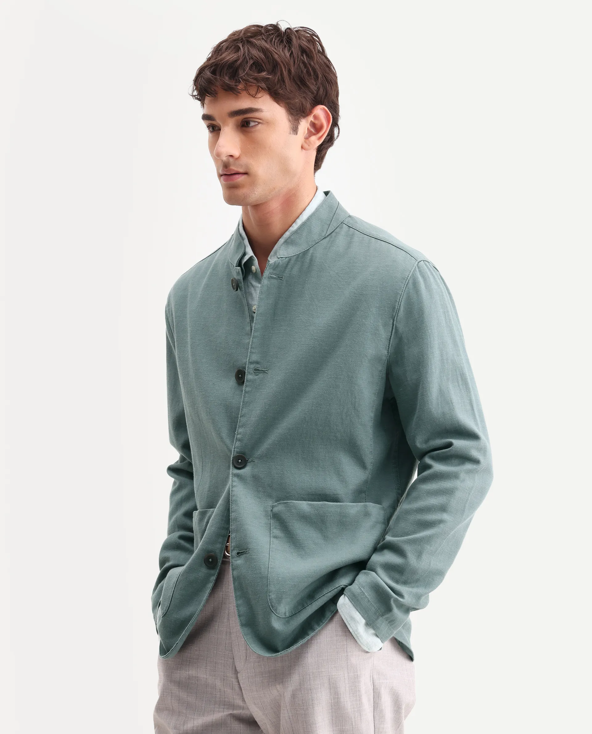 Rare Rabbit Men's Bela Dusky Green Linen Blend Fabric Mandarin Collar Neck Tailored Fit Coat - Image 6