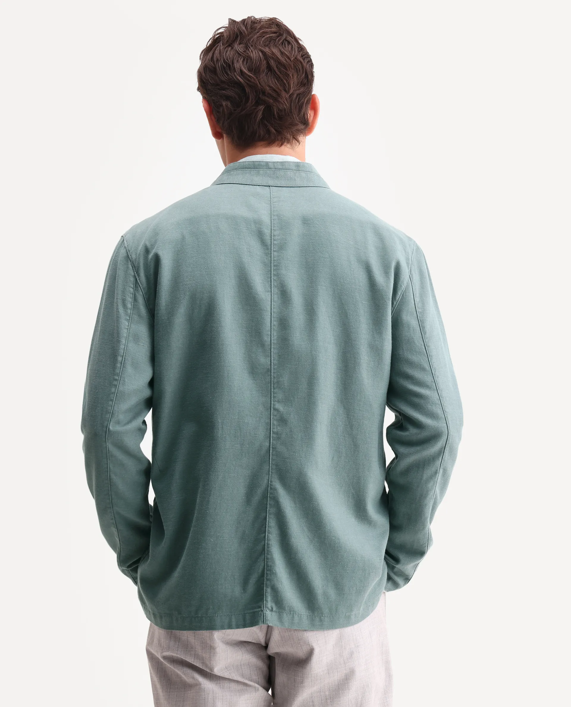 Rare Rabbit Men's Bela Dusky Green Linen Blend Fabric Mandarin Collar Neck Tailored Fit Coat - Image 7