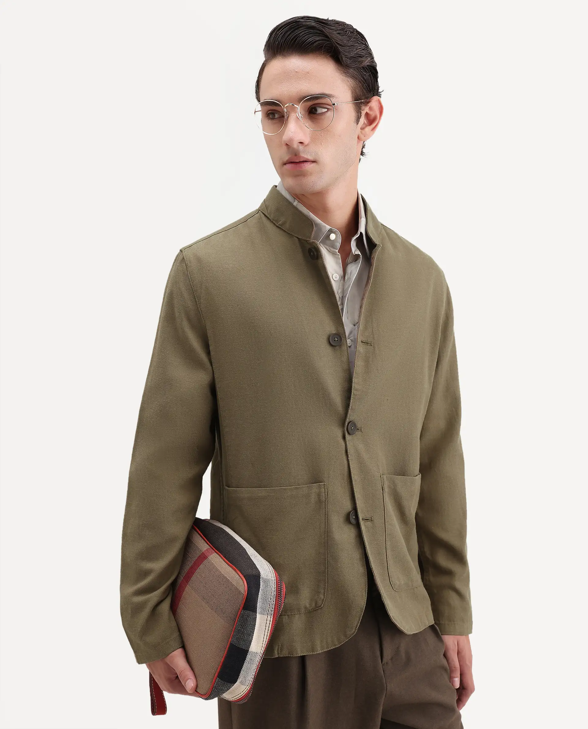 Rare Rabbit Men's Bela Khaki Linen Blend Fabric Mandarin Collar Neck Tailored Fit Coat