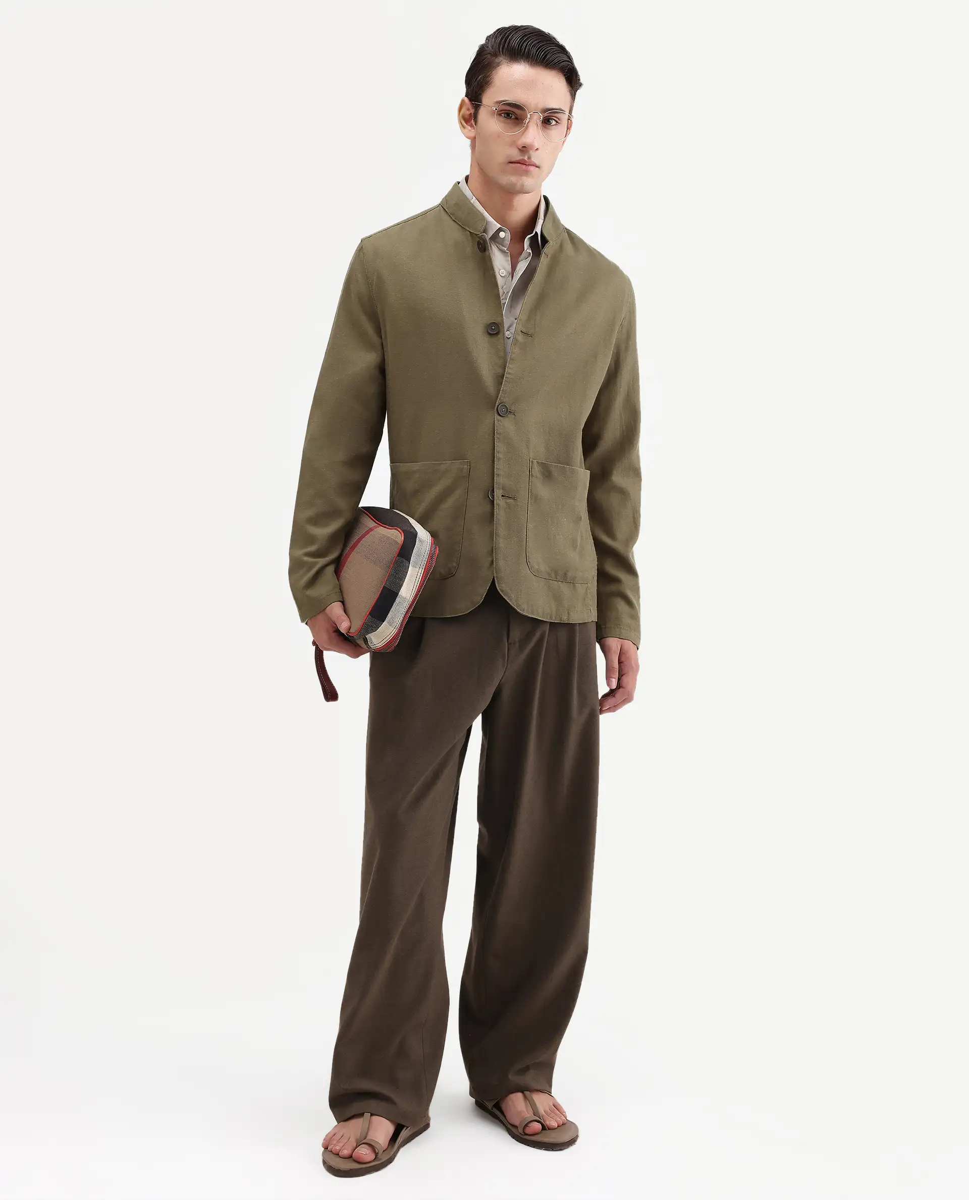 Rare Rabbit Men's Bela Khaki Linen Blend Fabric Mandarin Collar Neck Tailored Fit Coat - Image 2