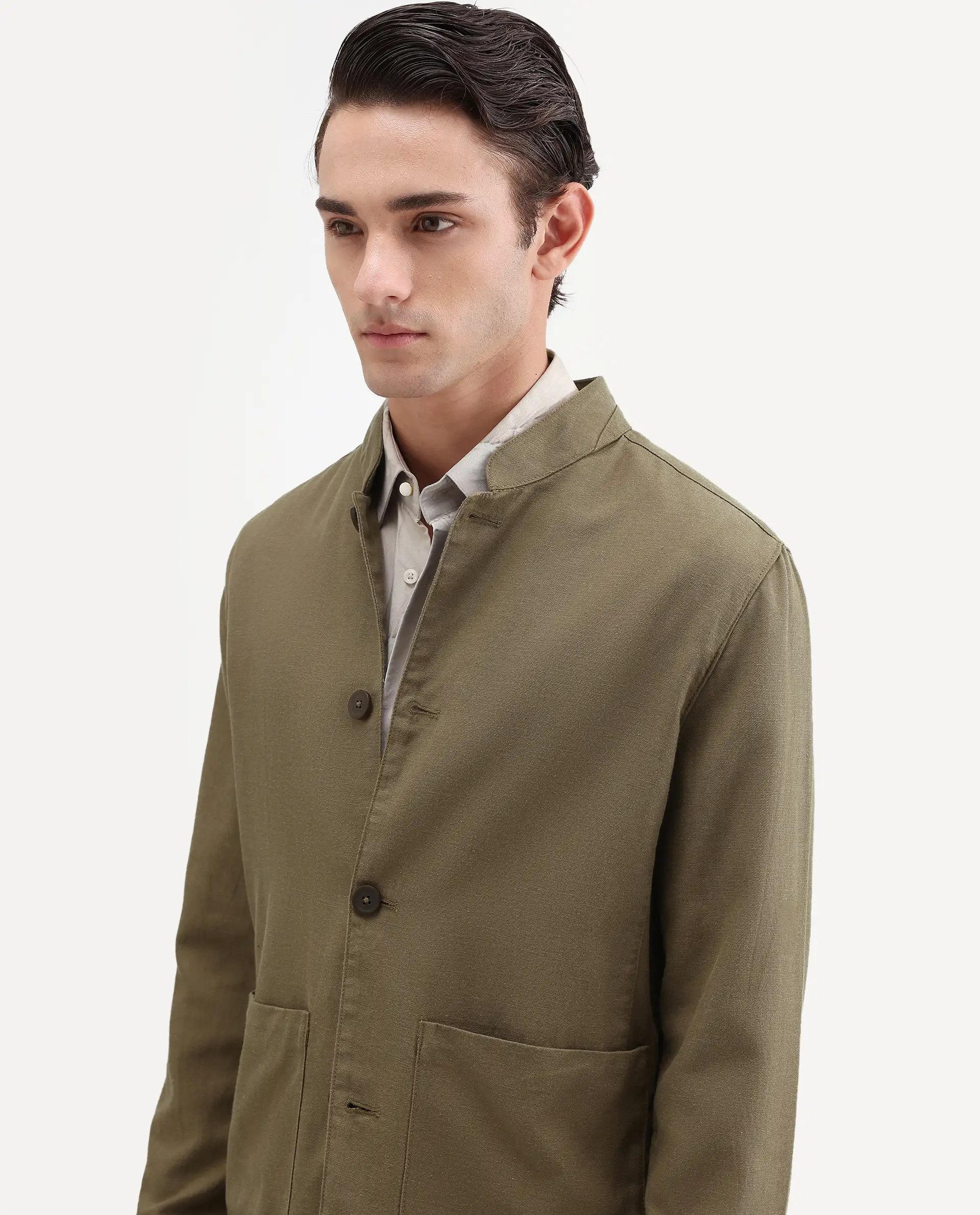 Rare Rabbit Men's Bela Khaki Linen Blend Fabric Mandarin Collar Neck Tailored Fit Coat - Image 3