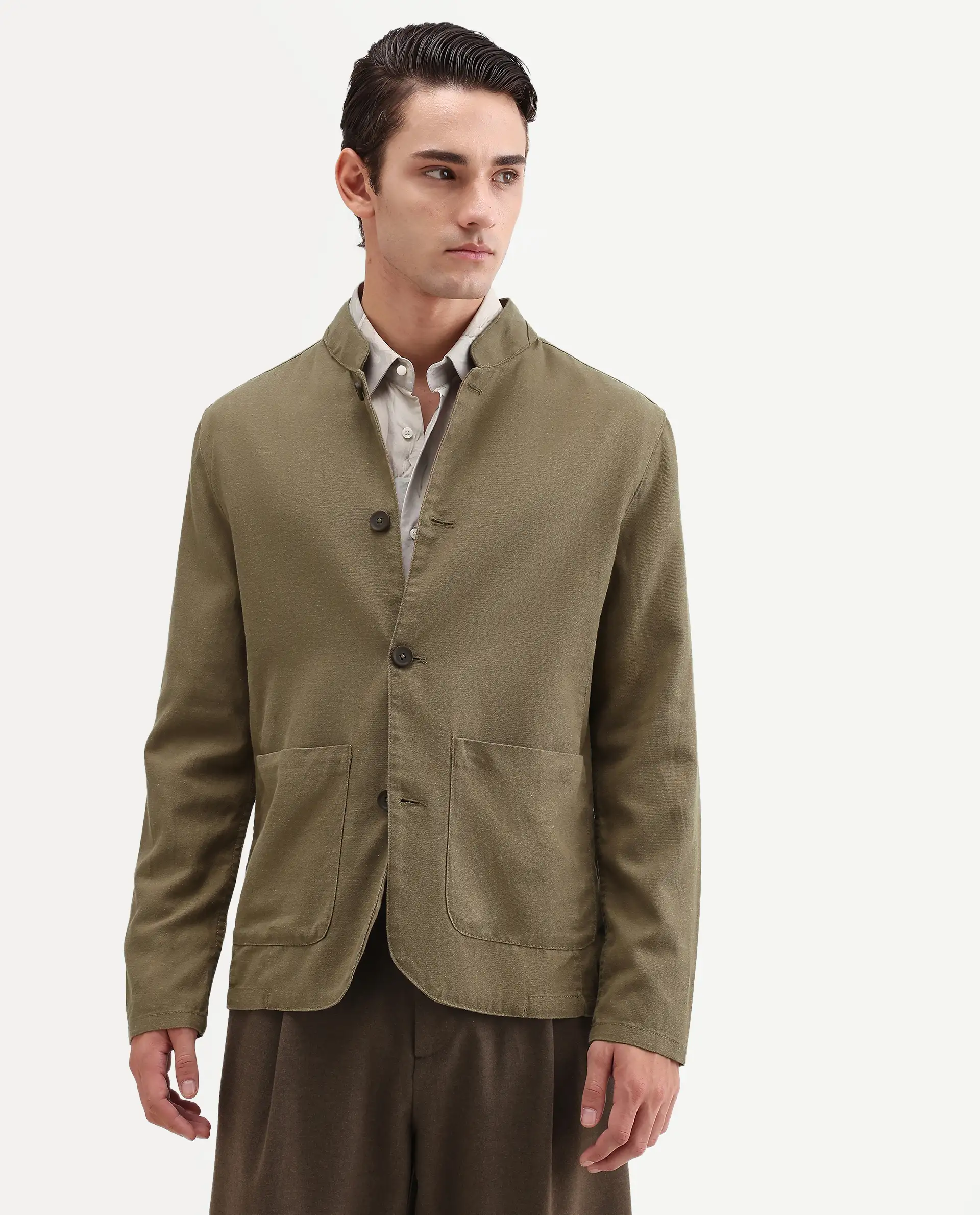 Rare Rabbit Men's Bela Khaki Linen Blend Fabric Mandarin Collar Neck Tailored Fit Coat - Image 4