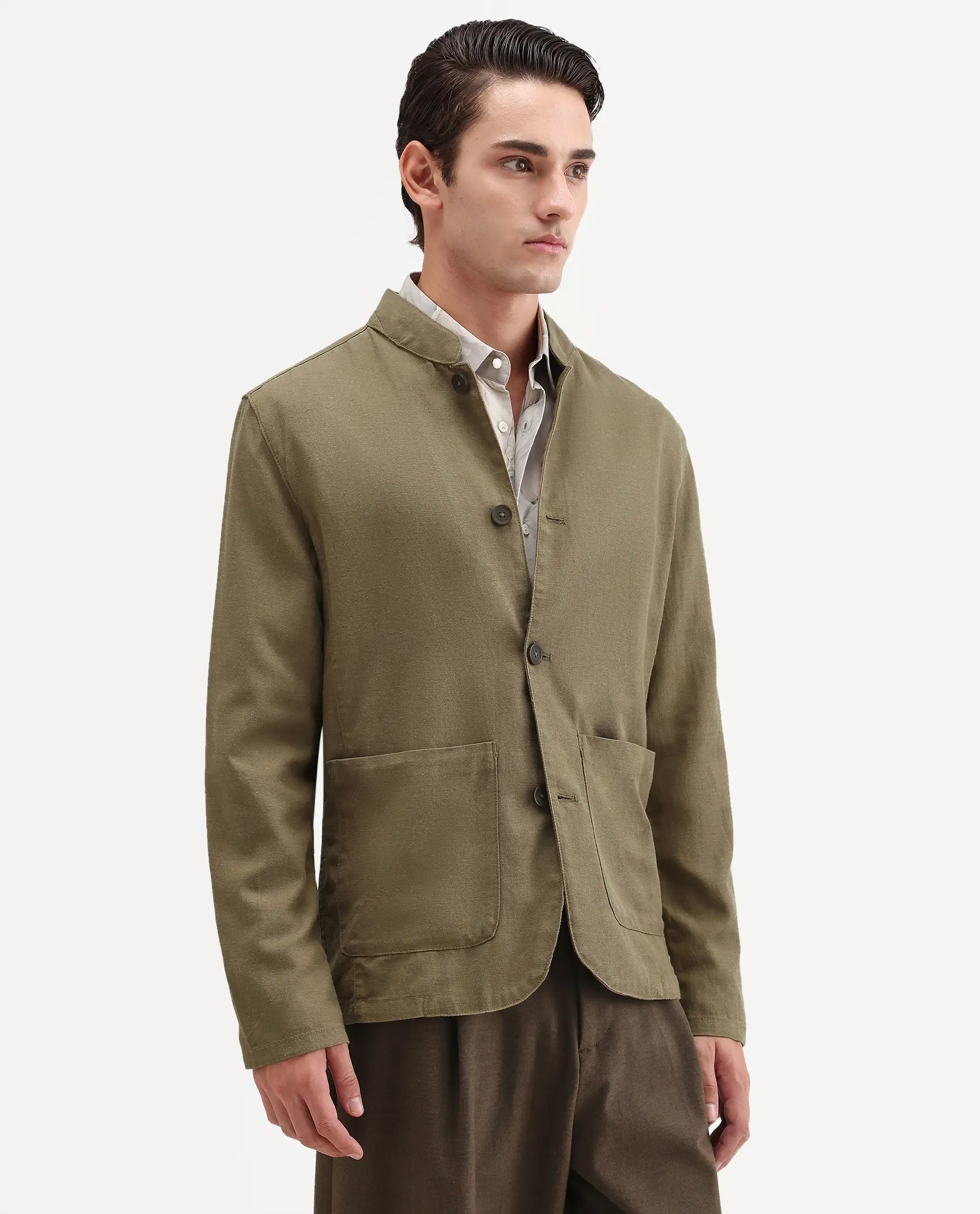 Rare Rabbit Men's Bela Khaki Linen Blend Fabric Mandarin Collar Neck Tailored Fit Coat - Image 5