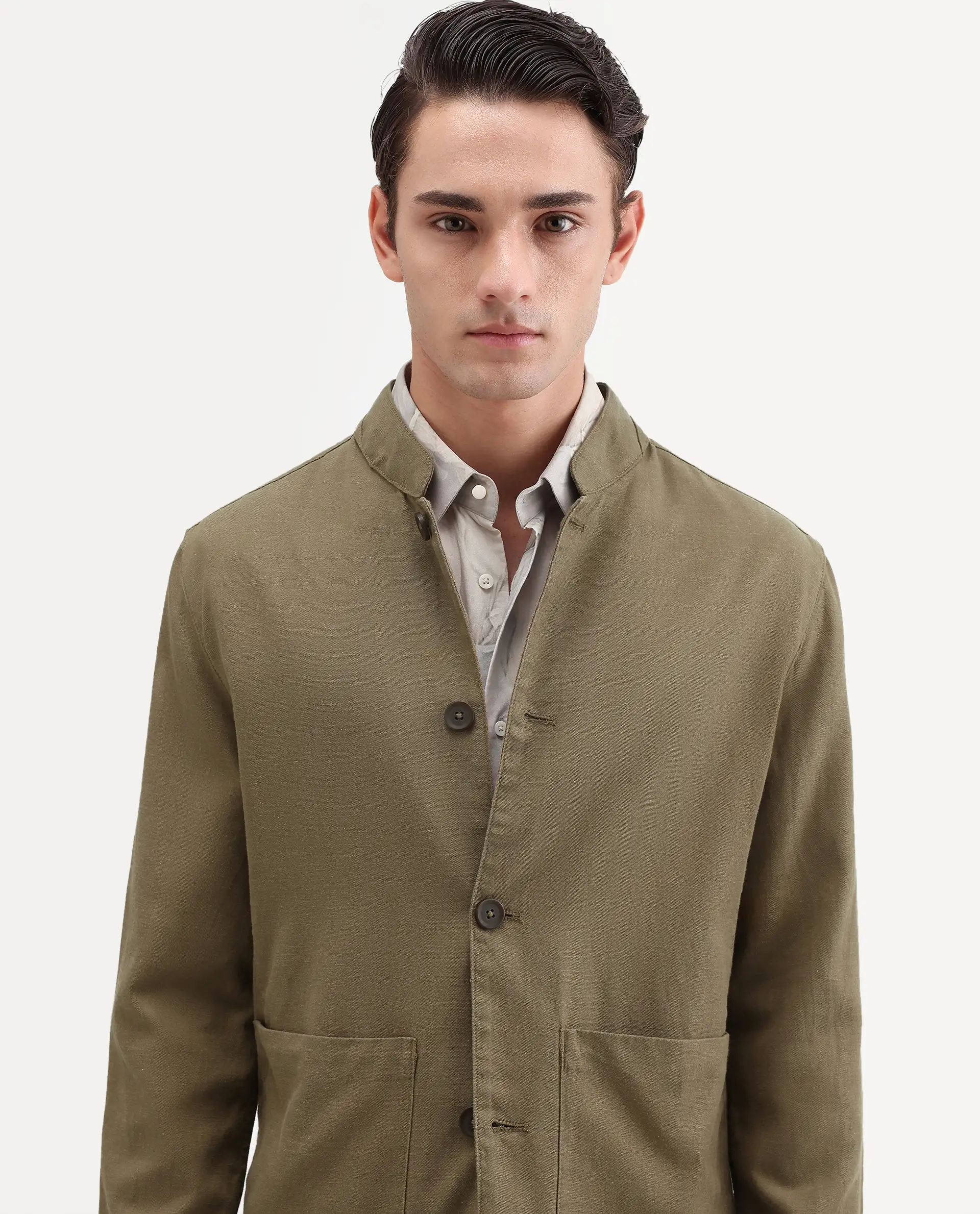 Rare Rabbit Men's Bela Khaki Linen Blend Fabric Mandarin Collar Neck Tailored Fit Coat - Image 6