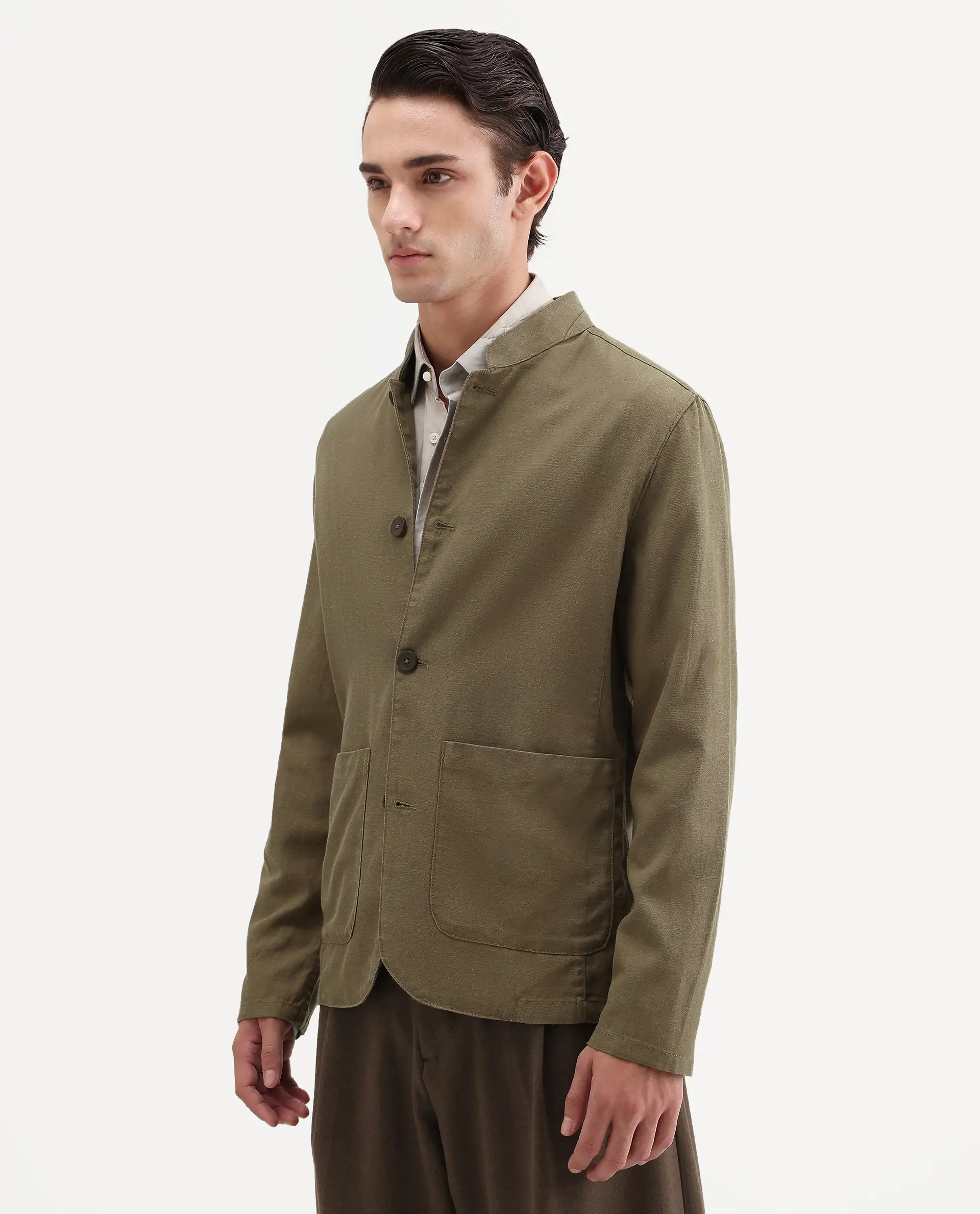 Rare Rabbit Men's Bela Khaki Linen Blend Fabric Mandarin Collar Neck Tailored Fit Coat - Image 7