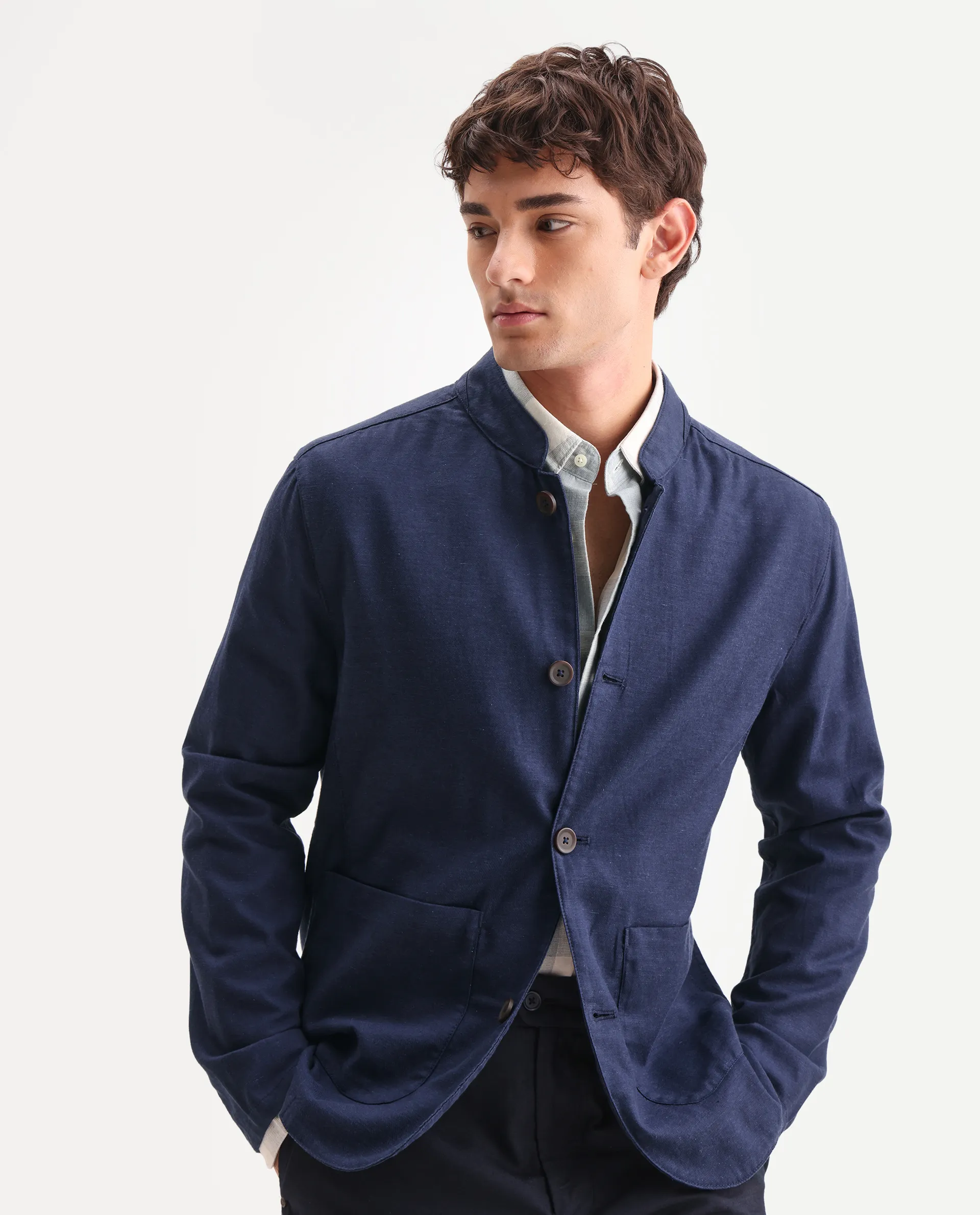 Rare Rabbit Men's Bela Navy Linen Blend Fabric Mandarin Collar Neck Tailored Fit Coat