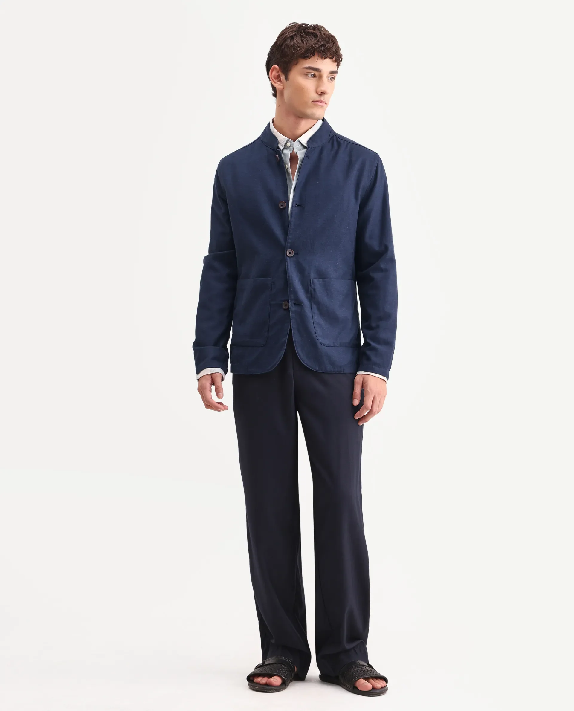 Rare Rabbit Men's Bela Navy Linen Blend Fabric Mandarin Collar Neck Tailored Fit Coat - Image 2