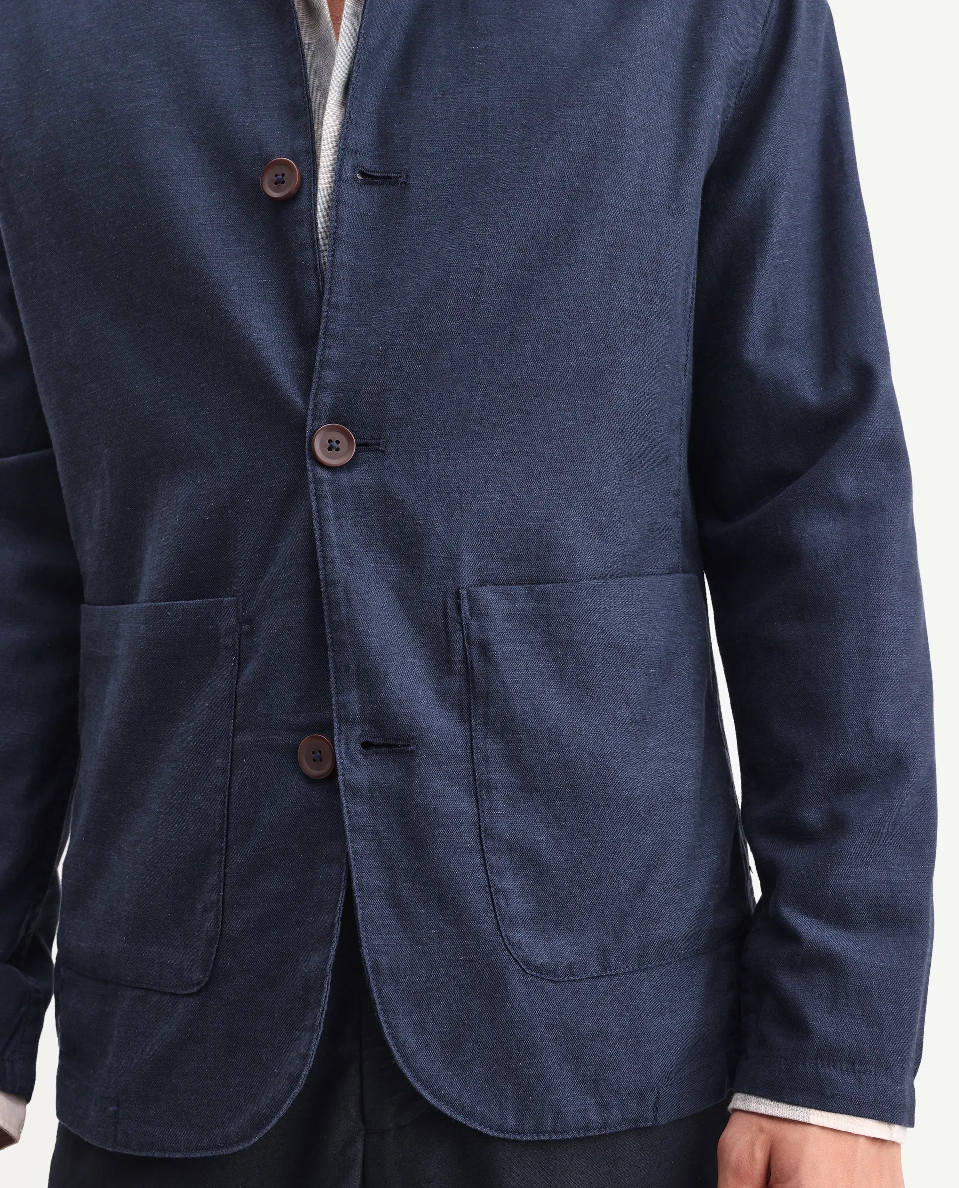 Rare Rabbit Men's Bela Navy Linen Blend Fabric Mandarin Collar Neck Tailored Fit Coat - Image 3