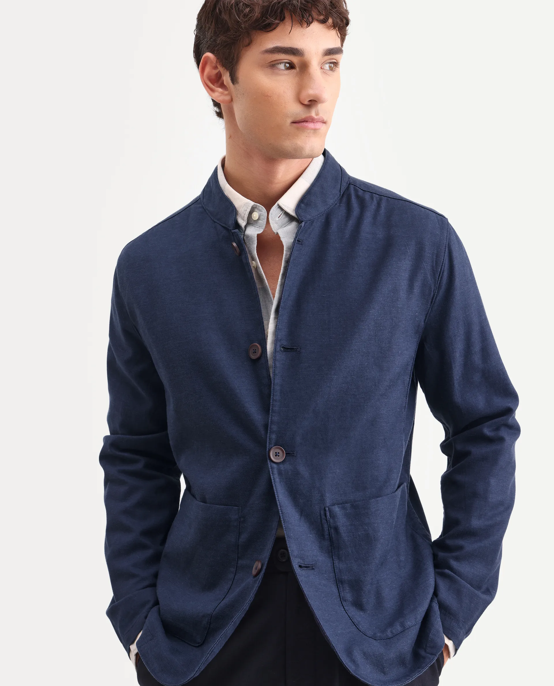 Rare Rabbit Men's Bela Navy Linen Blend Fabric Mandarin Collar Neck Tailored Fit Coat - Image 4