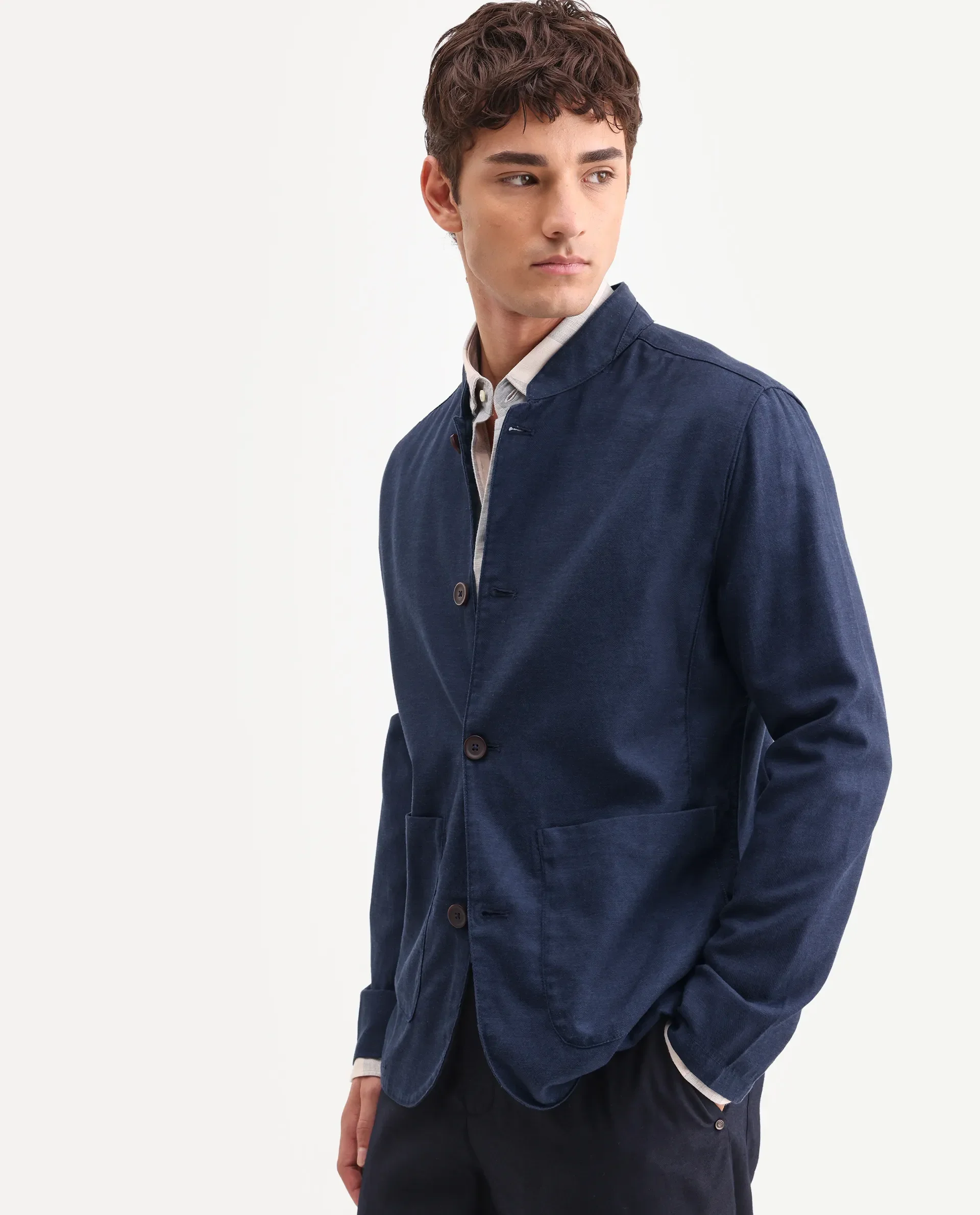 Rare Rabbit Men's Bela Navy Linen Blend Fabric Mandarin Collar Neck Tailored Fit Coat - Image 5
