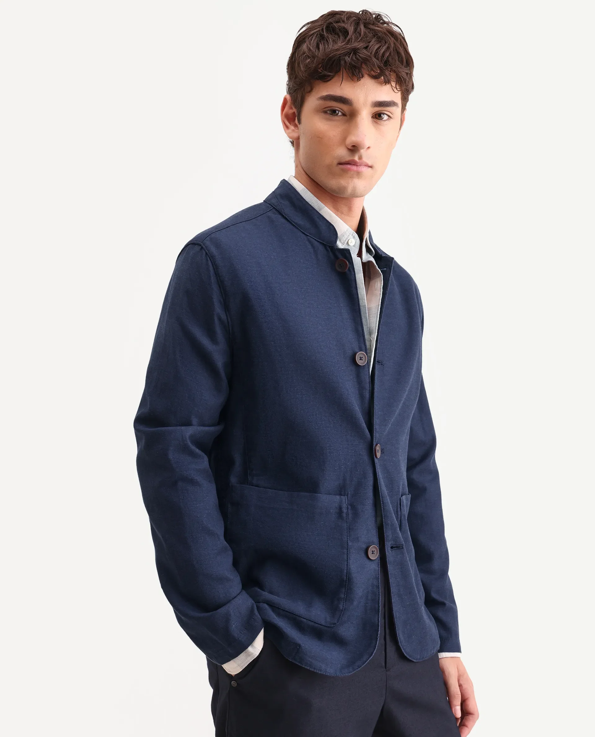 Rare Rabbit Men's Bela Navy Linen Blend Fabric Mandarin Collar Neck Tailored Fit Coat - Image 6
