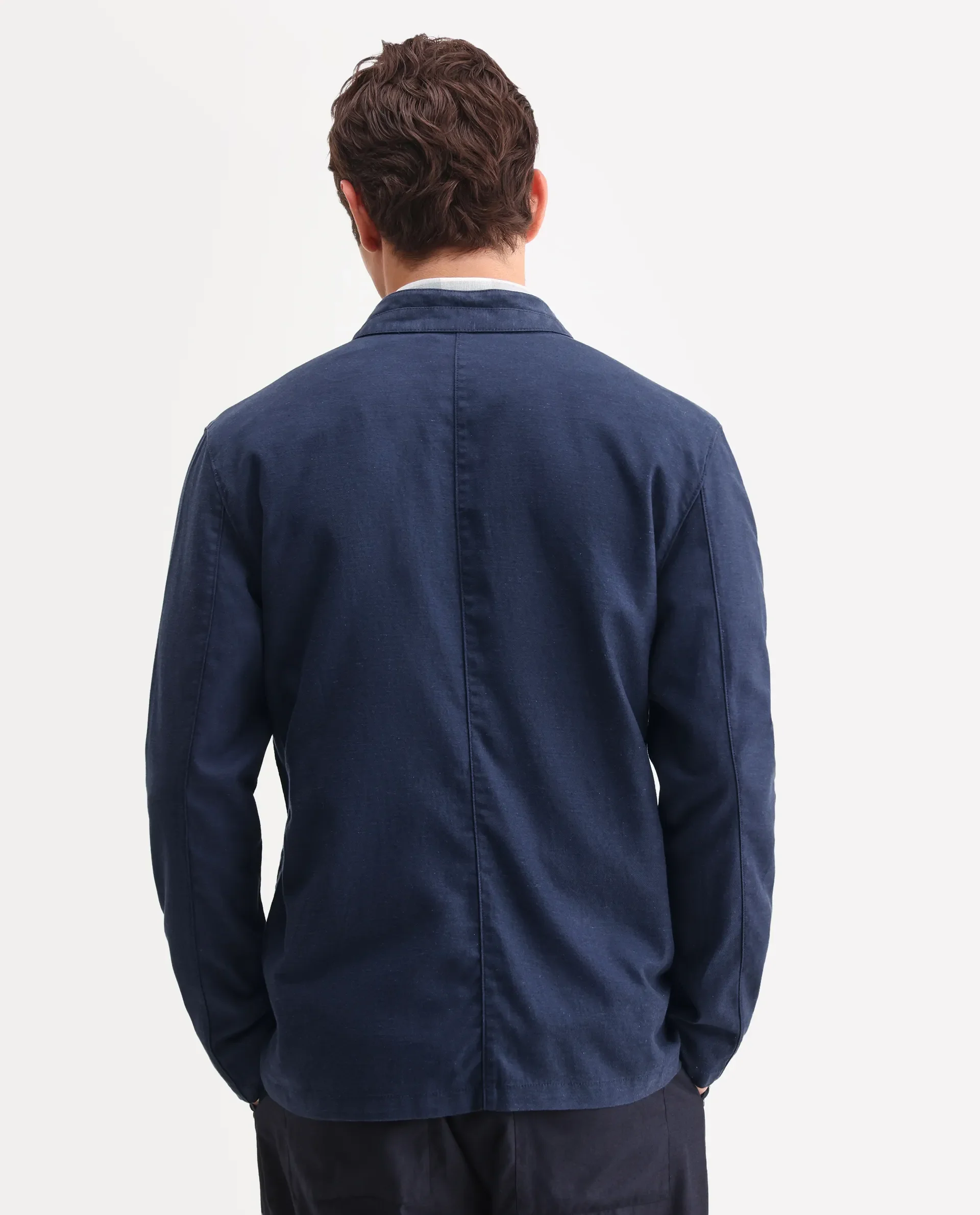 Rare Rabbit Men's Bela Navy Linen Blend Fabric Mandarin Collar Neck Tailored Fit Coat - Image 7