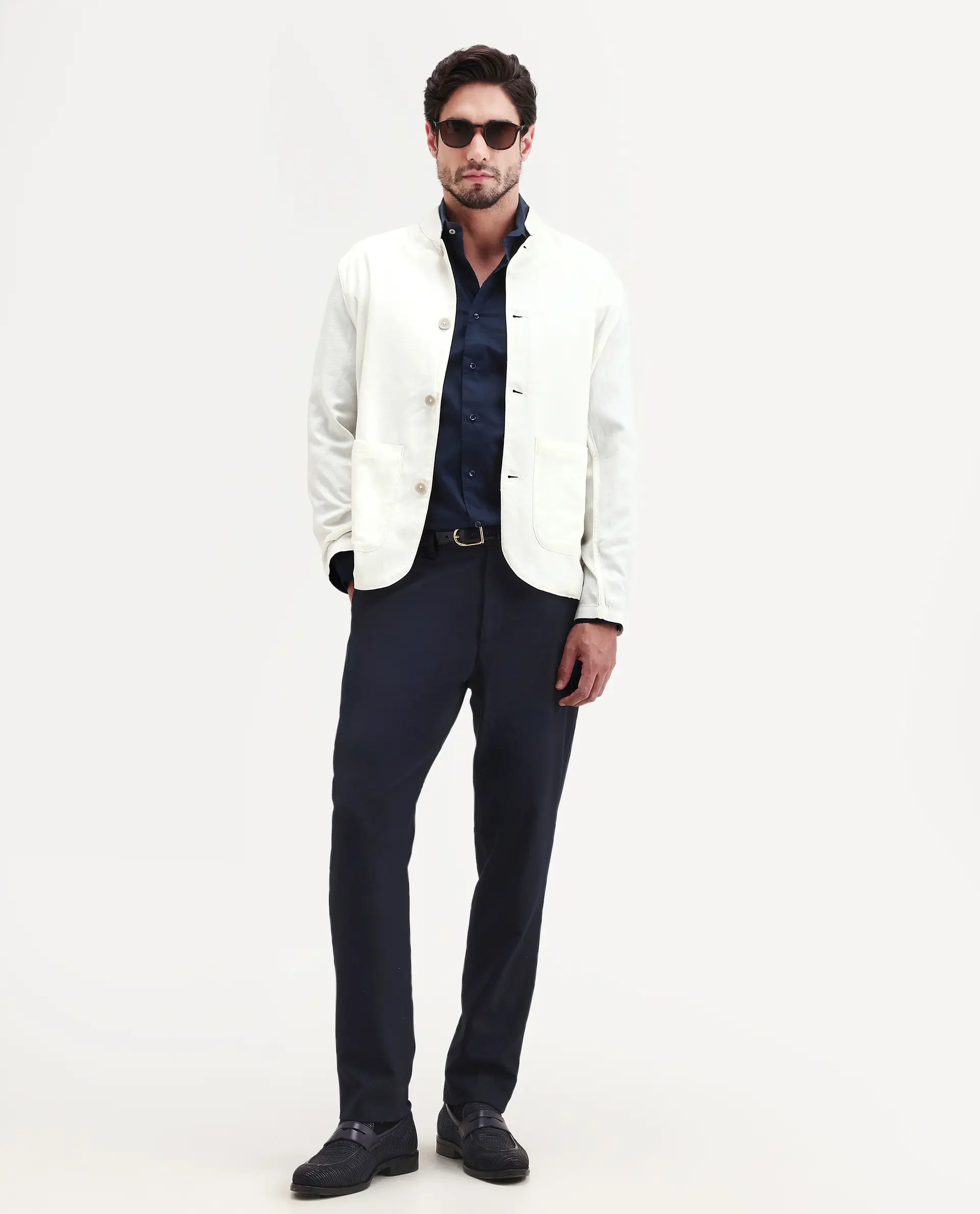 Rare Rabbit Men's Bela Off White Linen Blend Fabric Mandarin Collar Neck Tailored Fit Coat - Image 2