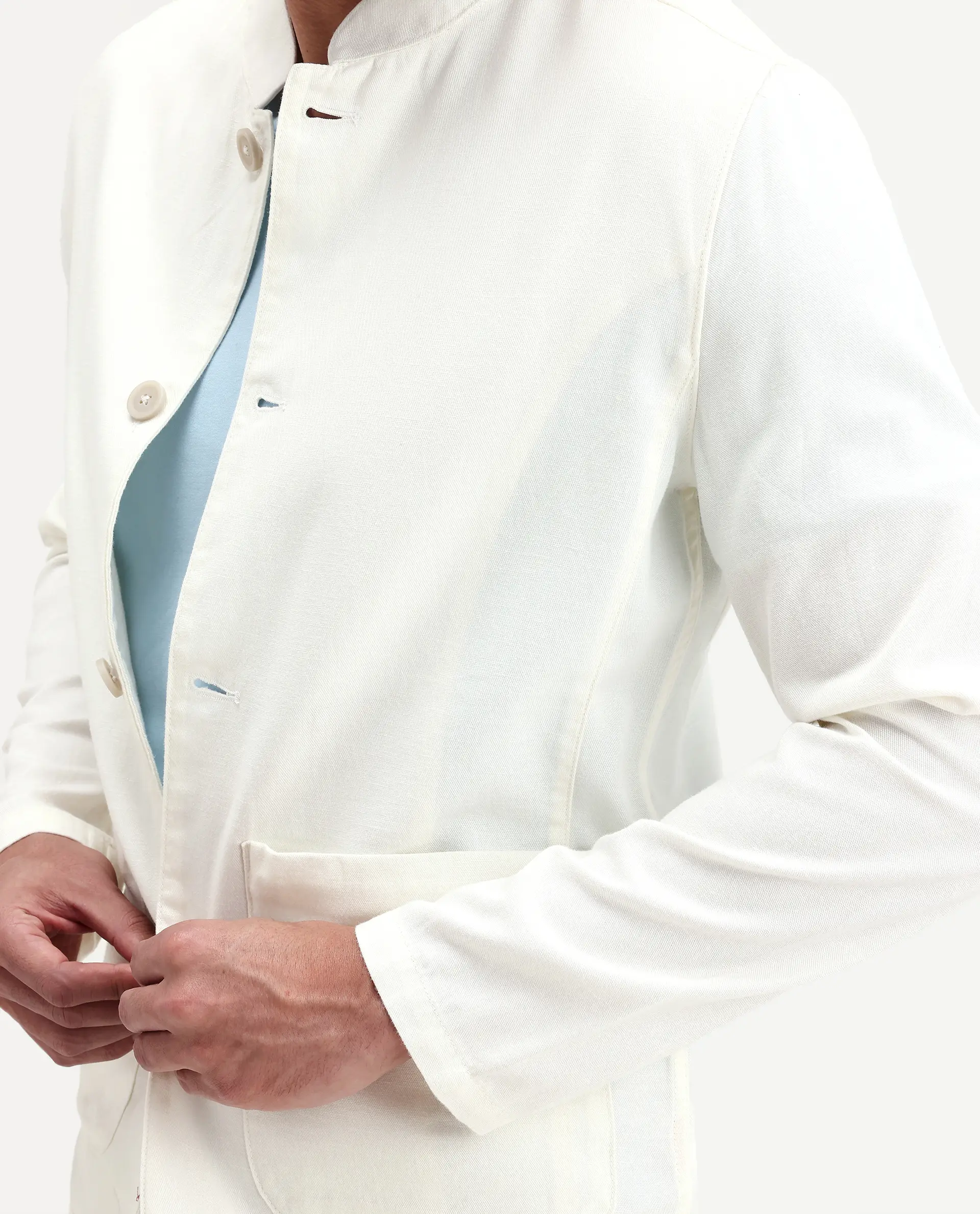 Rare Rabbit Men's Bela Off White Linen Blend Fabric Mandarin Collar Neck Tailored Fit Coat - Image 3