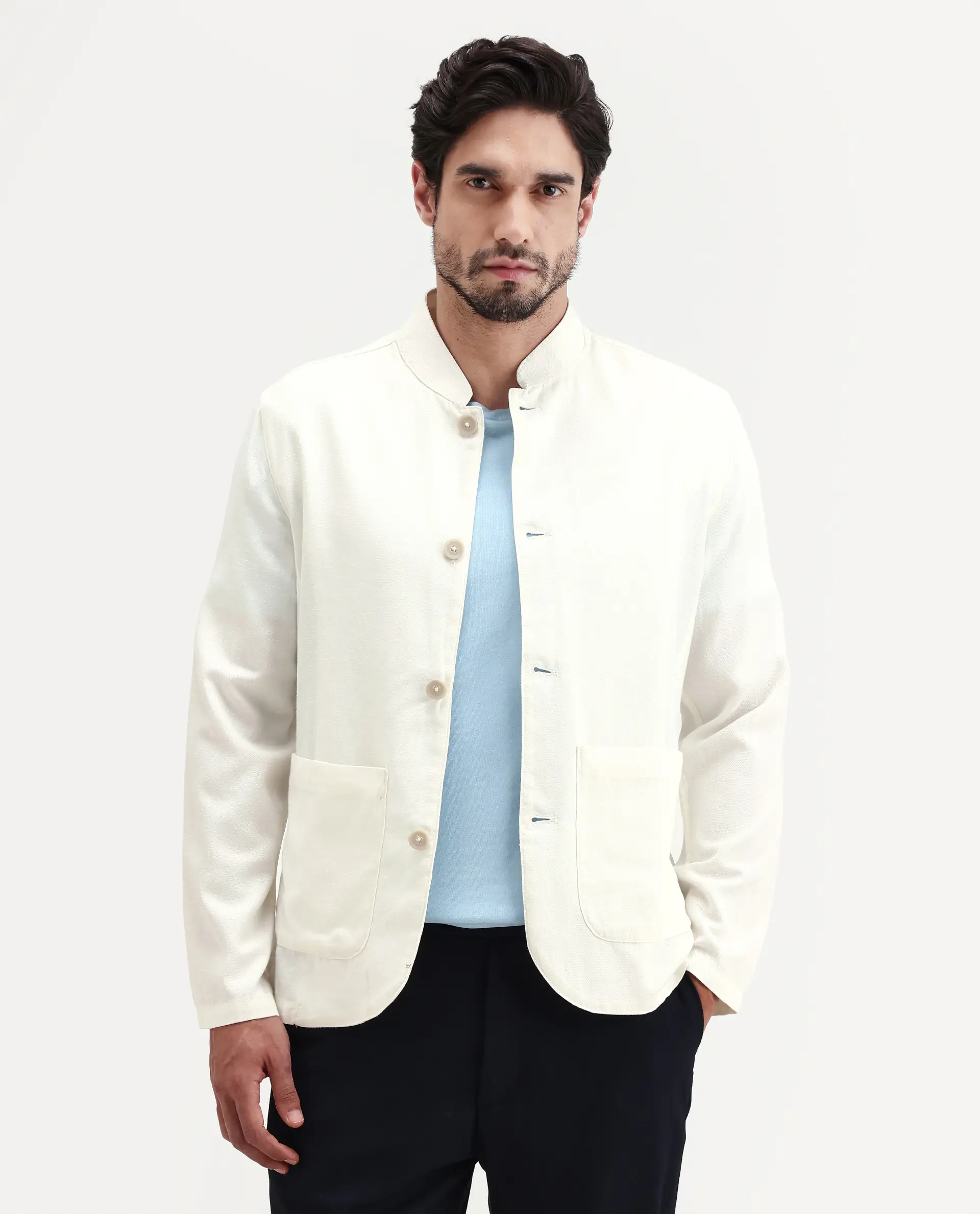 Rare Rabbit Men's Bela Off White Linen Blend Fabric Mandarin Collar Neck Tailored Fit Coat - Image 4