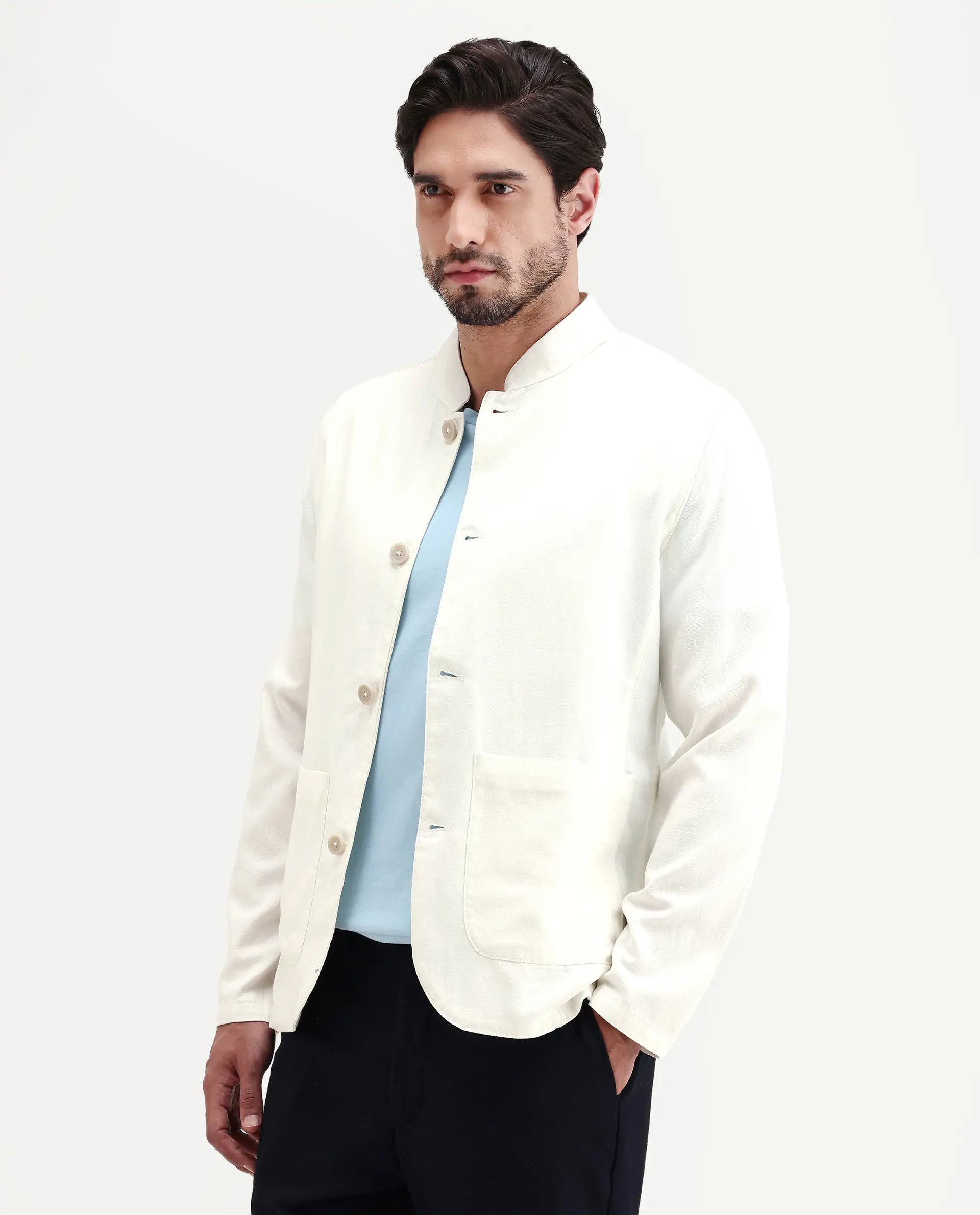 Rare Rabbit Men's Bela Off White Linen Blend Fabric Mandarin Collar Neck Tailored Fit Coat - Image 5
