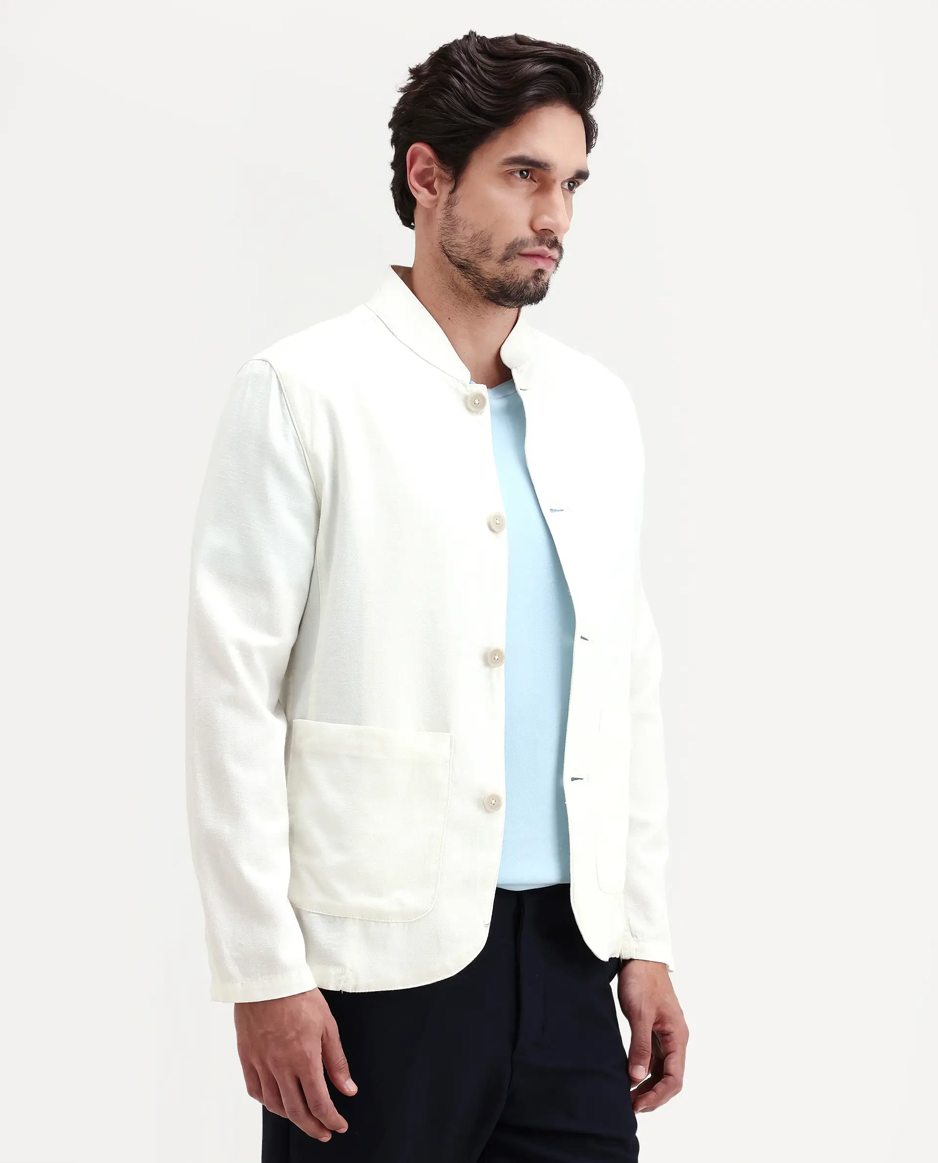 Rare Rabbit Men's Bela Off White Linen Blend Fabric Mandarin Collar Neck Tailored Fit Coat - Image 6