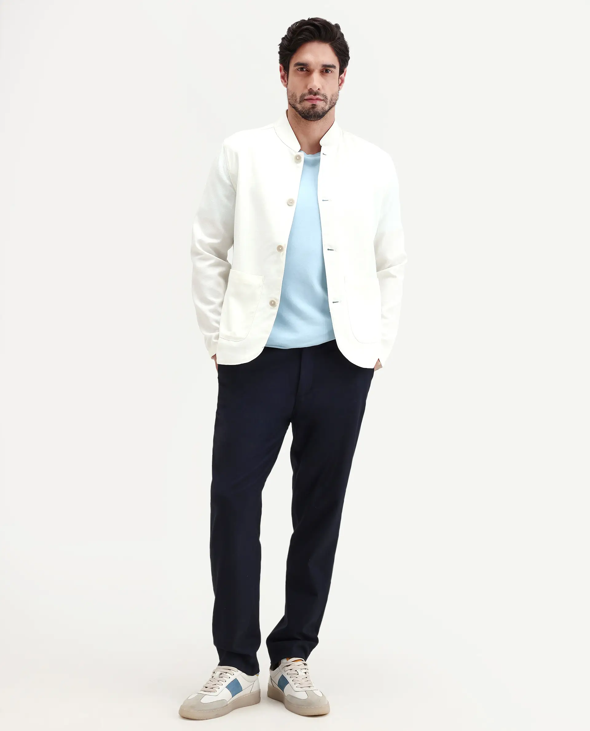 Rare Rabbit Men's Bela Off White Linen Blend Fabric Mandarin Collar Neck Tailored Fit Coat - Image 7