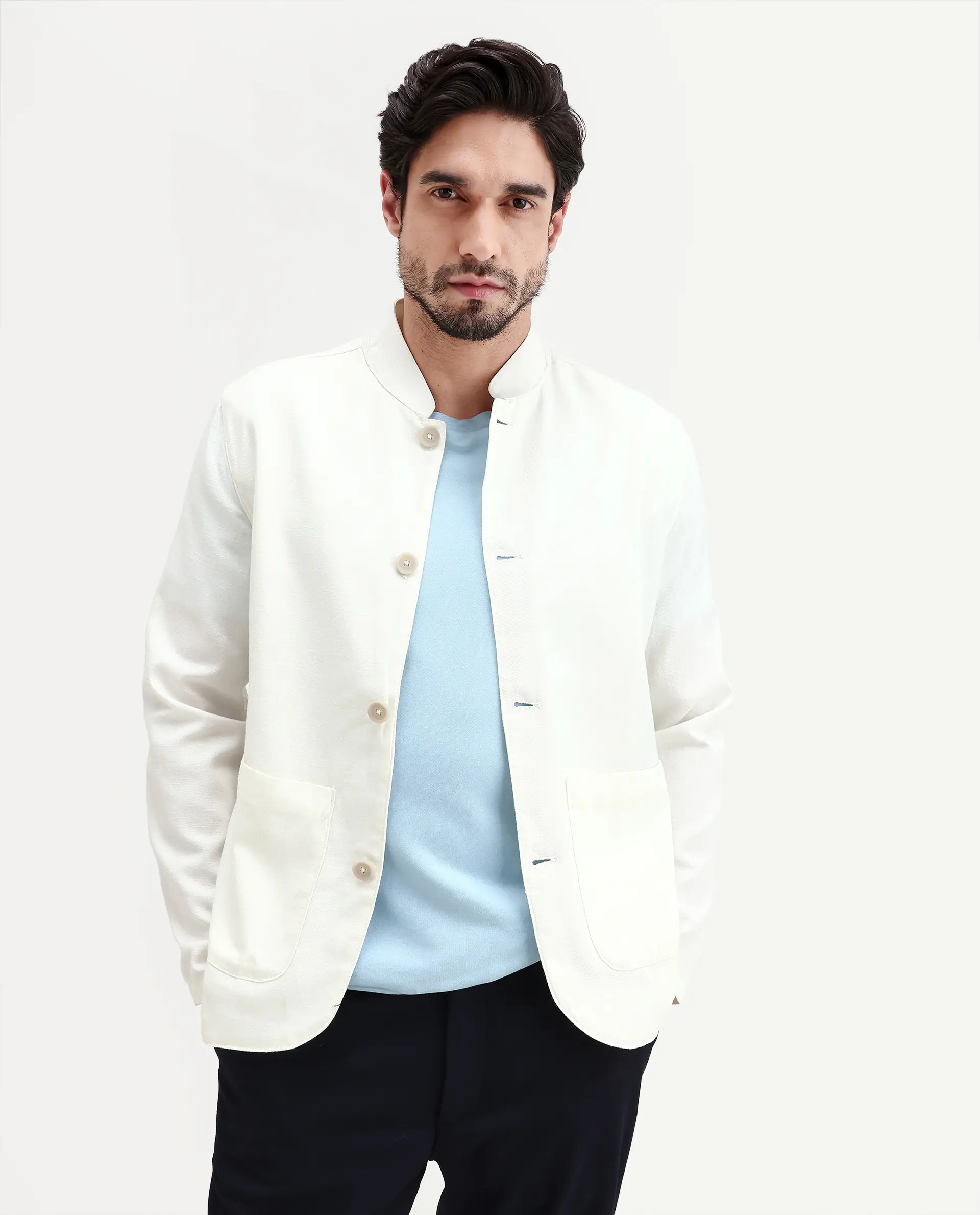 Rare Rabbit Men's Bela Off White Linen Blend Fabric Mandarin Collar Neck Tailored Fit Coat - Image 8