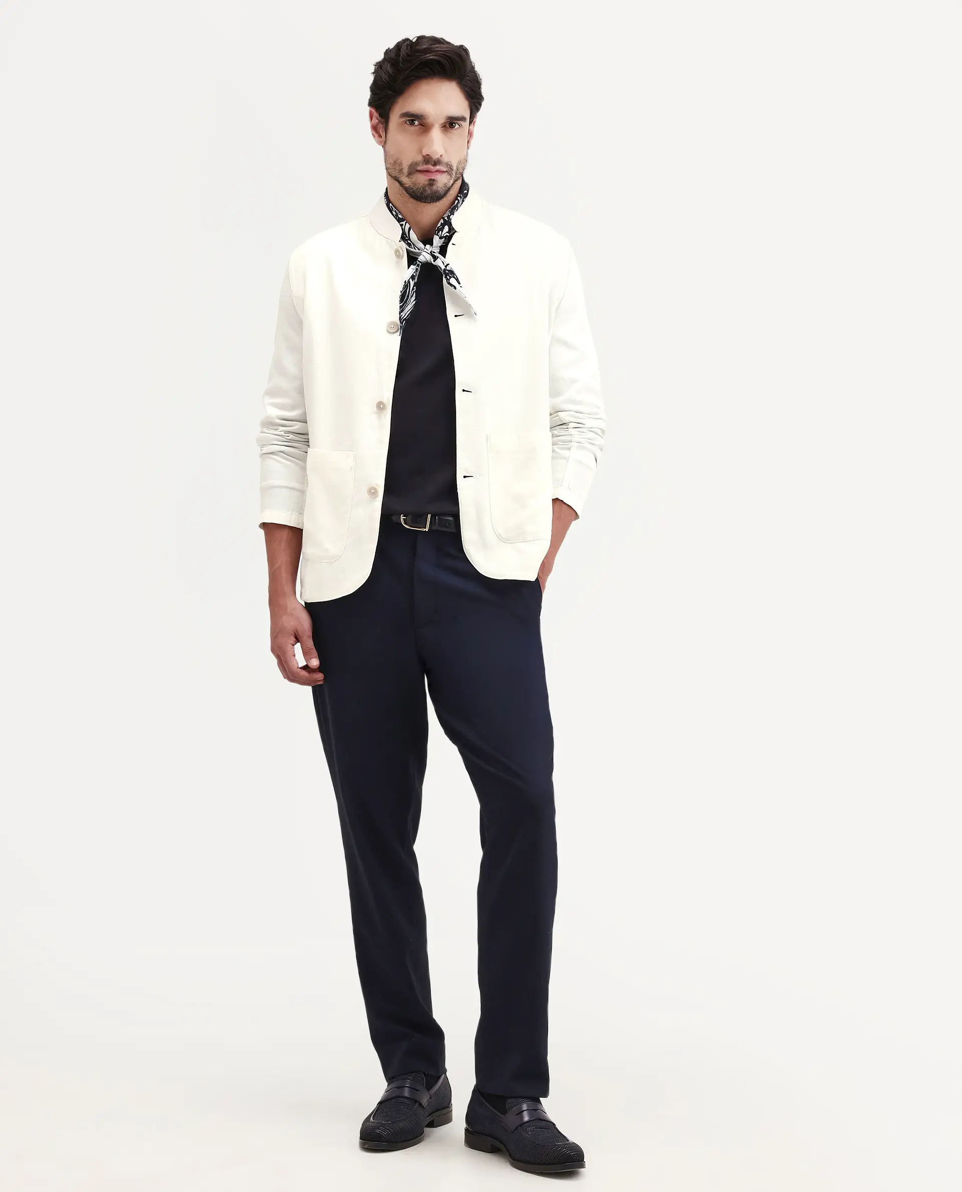 Rare Rabbit Men's Bela Off White Linen Blend Fabric Mandarin Collar Neck Tailored Fit Coat - Image 9