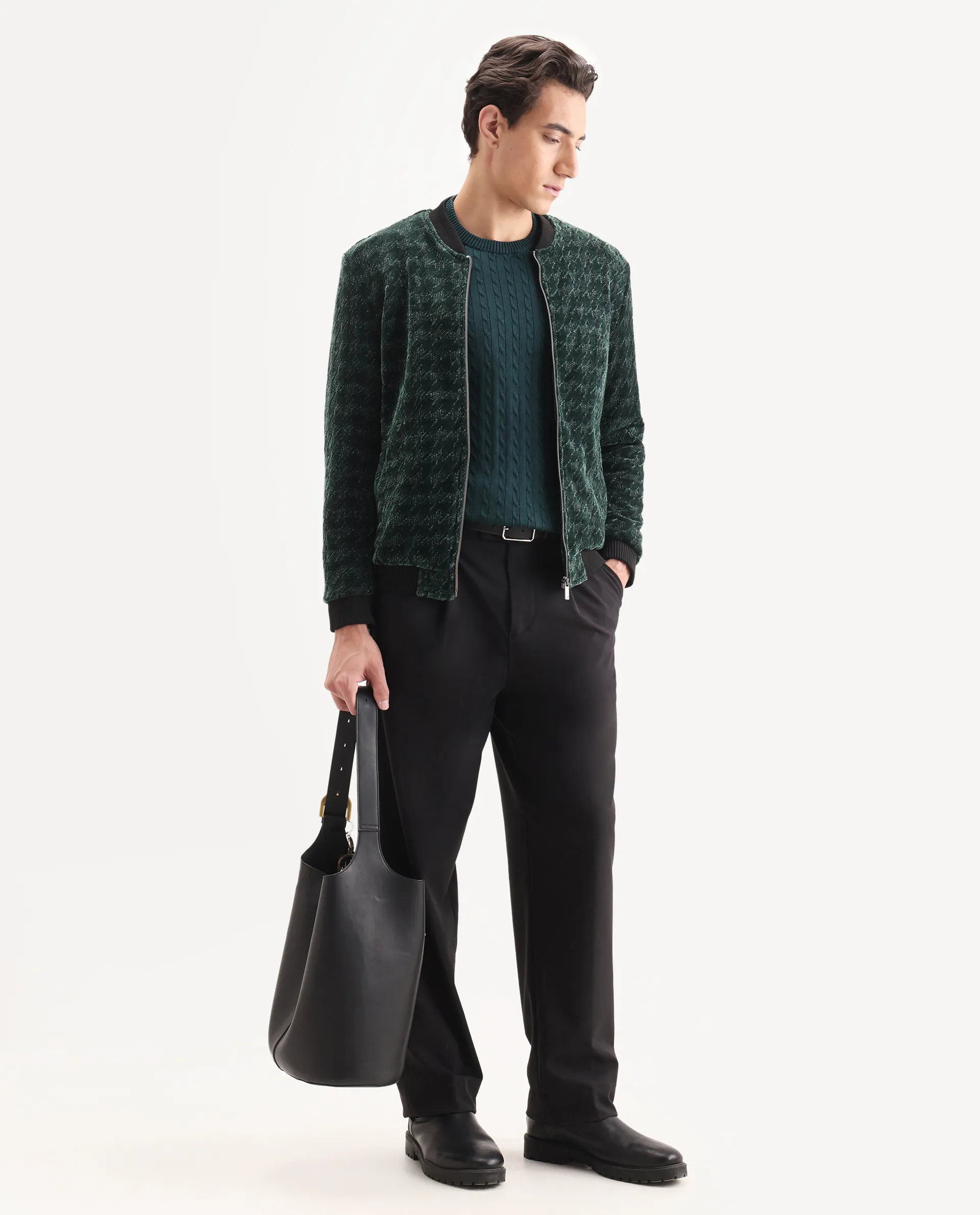 Rare Rabbit Men's Beldon Dark Green Velvet Textured Regular Fit Full Sleeve Stand Collar Jacket - Image 2