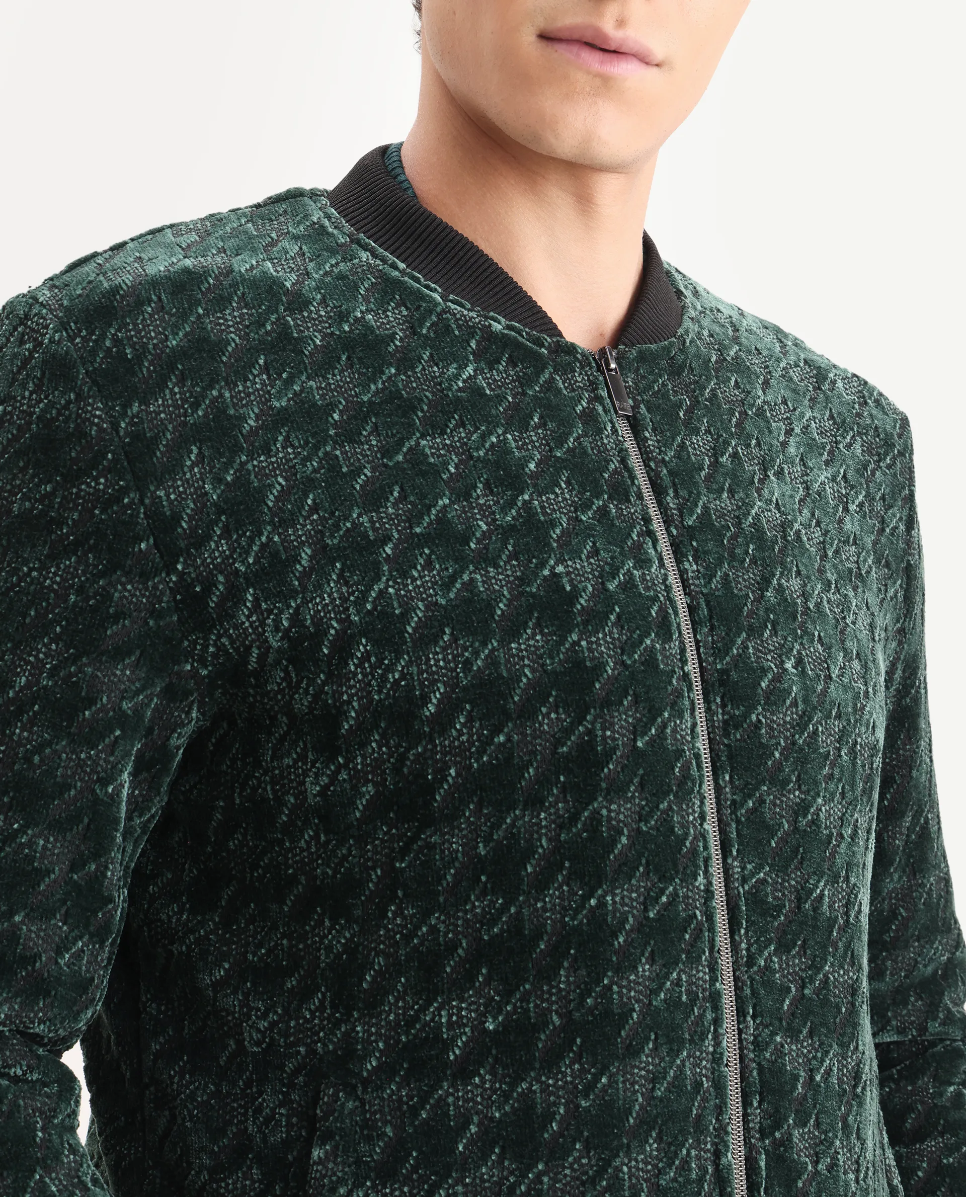 Rare Rabbit Men's Beldon Dark Green Velvet Textured Regular Fit Full Sleeve Stand Collar Jacket - Image 3