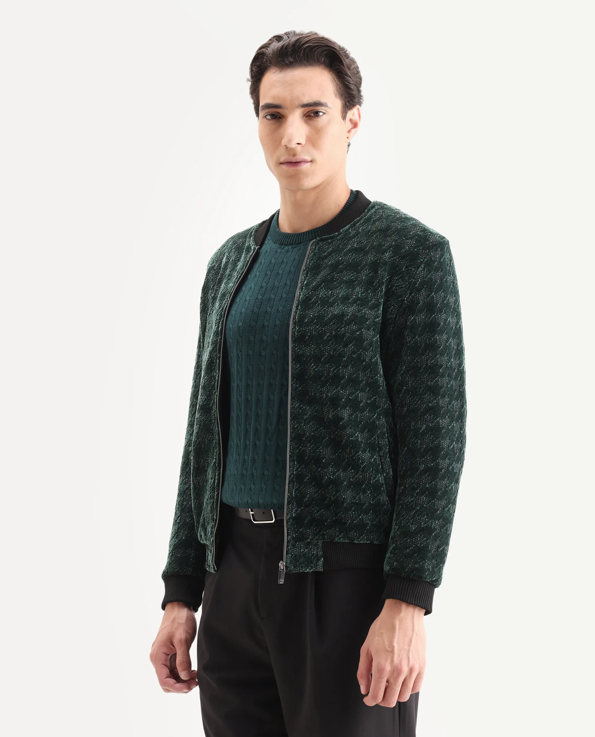 Rare Rabbit Men's Beldon Dark Green Velvet Textured Regular Fit Full Sleeve Stand Collar Jacket - Image 4