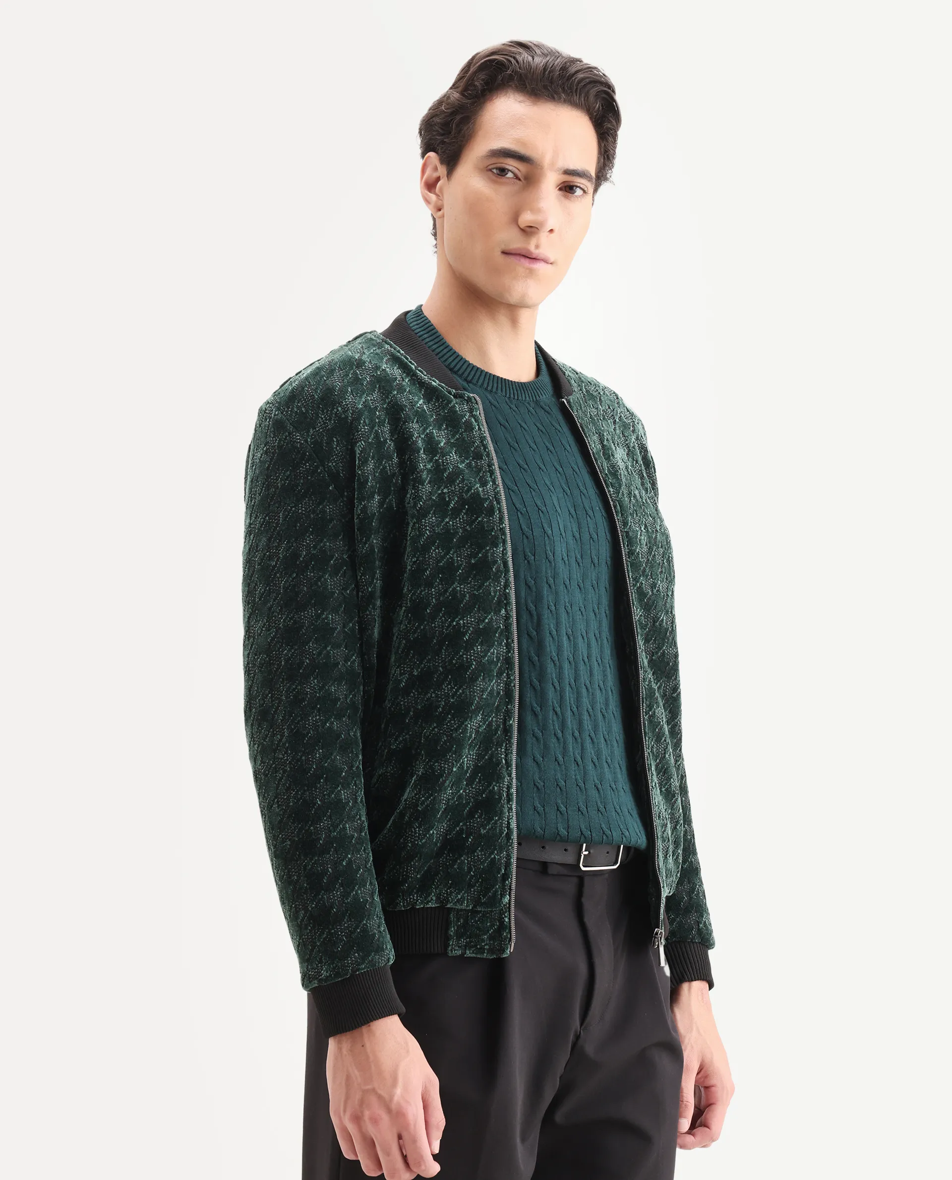 Rare Rabbit Men's Beldon Dark Green Velvet Textured Regular Fit Full Sleeve Stand Collar Jacket - Image 5