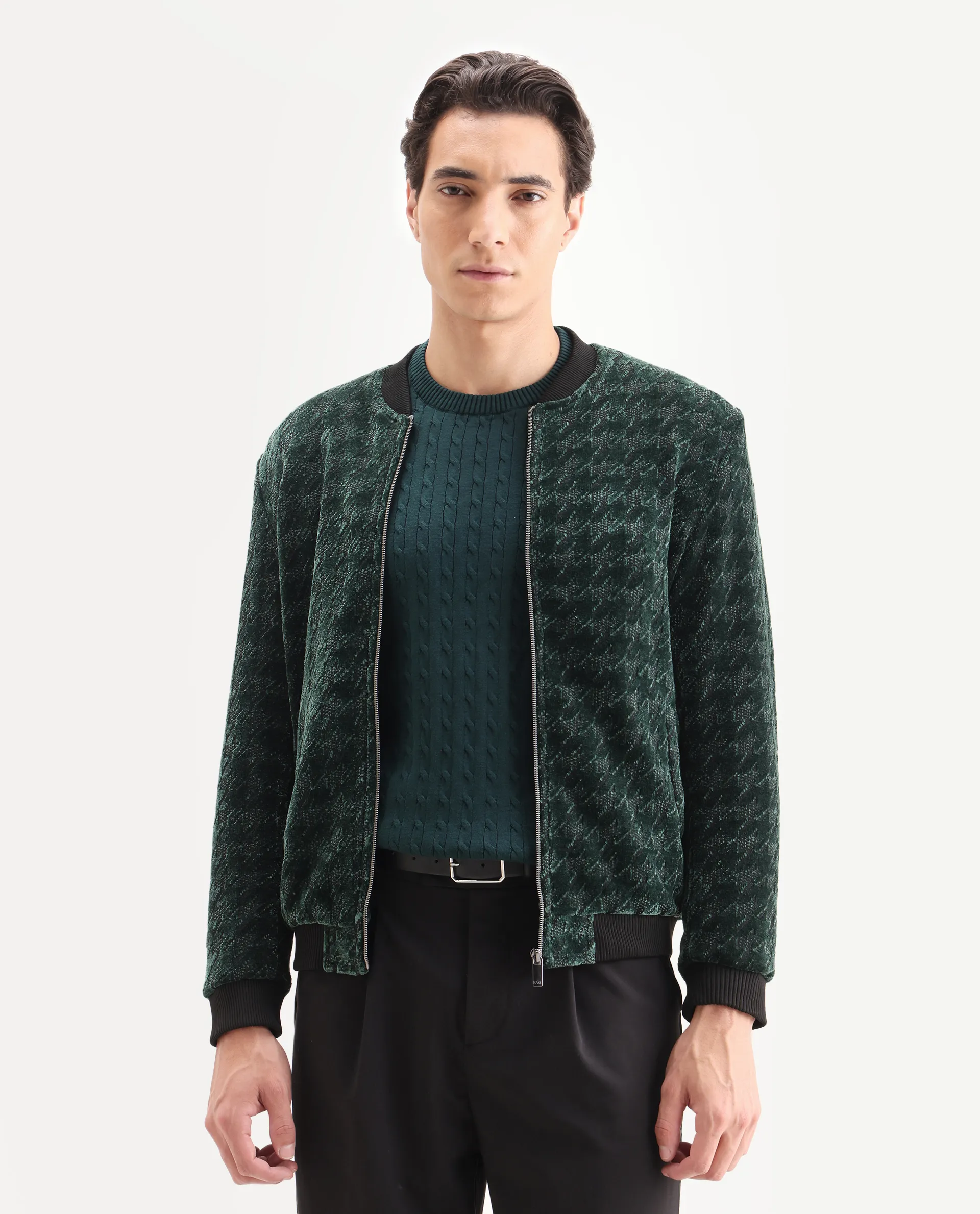 Rare Rabbit Men's Beldon Dark Green Velvet Textured Regular Fit Full Sleeve Stand Collar Jacket - Image 6